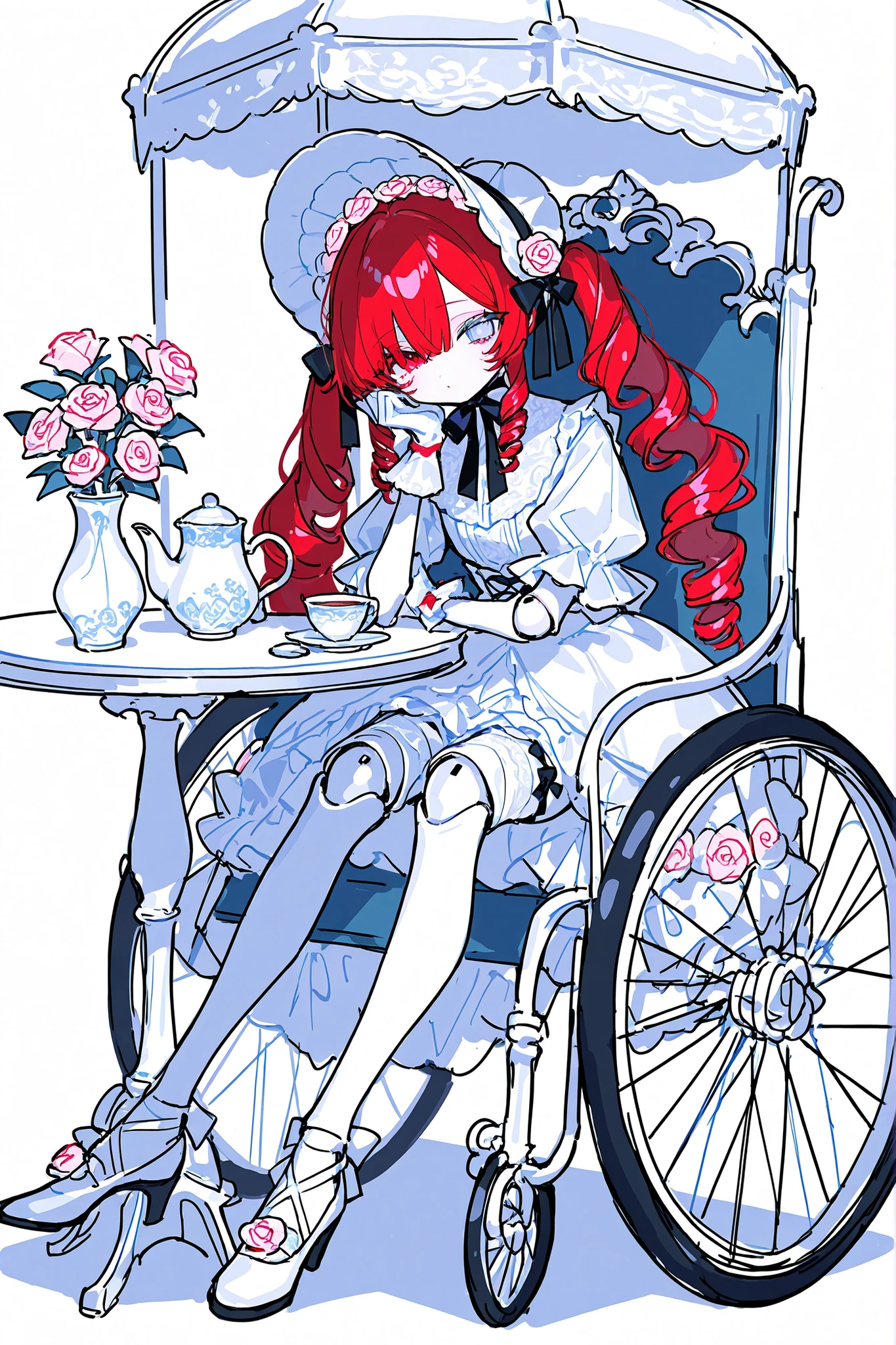 (ma1ma1helmes_b_illu,sketch,doll joints,) Alive doll-girl, petite vintage cute porcelain articulated doll. Her body is made of white porcelain and  joints of her limbs are doll-like hinges. There's a crack marks on her porcelain face. She has scarlet red kinky hair is styled in two ringlets pigtails. She has heterochromia(one eye is blue the other eye is yellow). She wearing snow-white long lace puffy Lolita's dress with bows and  pink roses, lace stockings with garters , mary jane shoes with bows. she wearing silk lace white gloves. She wears a snow-white  bonnet with pink roses and bows on her head. She has bandages on her hips. She is sitting. (On The Background: Rose garden and gazebo. inside a vintage wheelchair, and table with a cups with tea, a teapot, a vase with roses on it.)