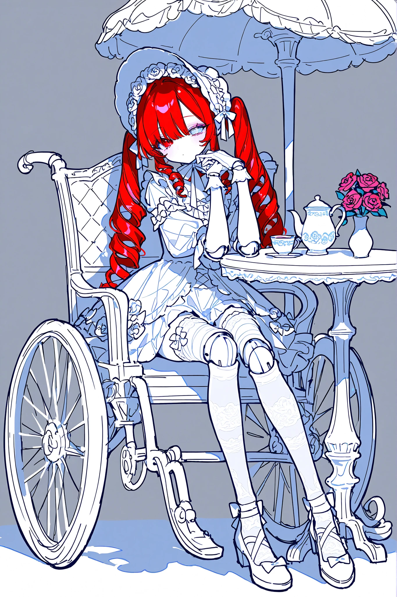 (ma1ma1helmes_b_illu,sketch,doll joints,) Alive doll-girl, petite vintage cute porcelain articulated doll. Her body is made of white porcelain and  joints of her limbs are doll-like hinges. There's a crack marks on her porcelain face. She has scarlet red kinky hair is styled in two ringlets pigtails. She has heterochromia(one eye is blue the other eye is yellow). She wearing snow-white long lace puffy Lolita's dress with bows and  pink roses, lace stockings with garters , mary jane shoes with bows. she wearing silk lace white gloves. She wears a snow-white  bonnet with pink roses and bows on her head. She has bandages on her hips. She is sitting. (On The Background: Rose garden and gazebo. inside a vintage wheelchair, and table with a cups with tea, a teapot, a vase with roses on it.)