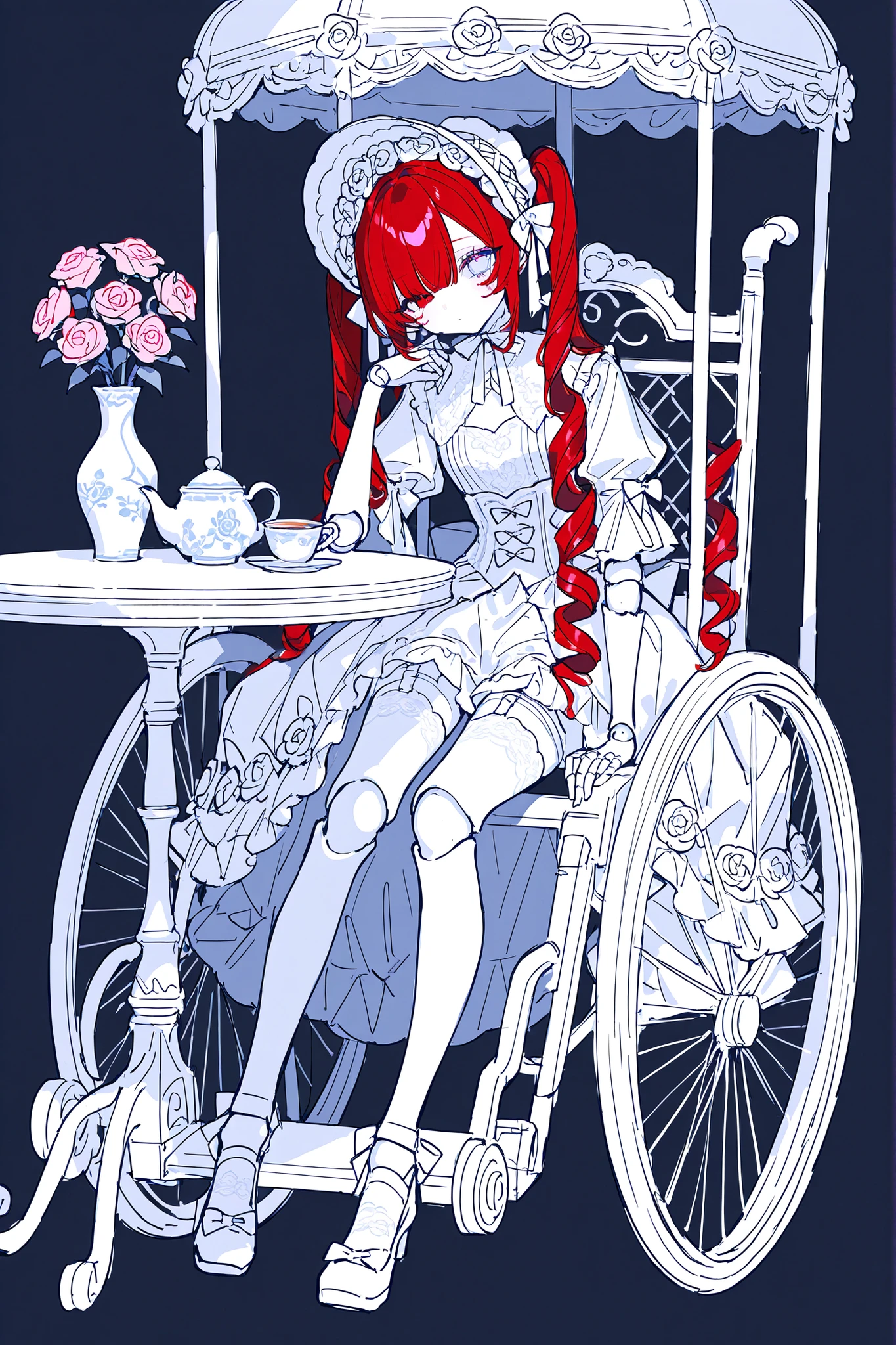 (ma1ma1helmes_b_illu,sketch,doll joints,) Alive doll-girl, petite vintage cute porcelain articulated doll. Her body is made of white porcelain and  joints of her limbs are doll-like hinges. There's a crack marks on her porcelain face. She has scarlet red kinky hair is styled in two ringlets pigtails. She has heterochromia(one eye is blue the other eye is yellow). She wearing snow-white long lace puffy Lolita's dress with bows and  pink roses, lace stockings with garters , mary jane shoes with bows. she wearing silk lace white gloves. She wears a snow-white  bonnet with pink roses and bows on her head. She has bandages on her hips. She is sitting. (On The Background: Rose garden and gazebo. inside a vintage wheelchair, and table with a cups with tea, a teapot, a vase with roses on it.)