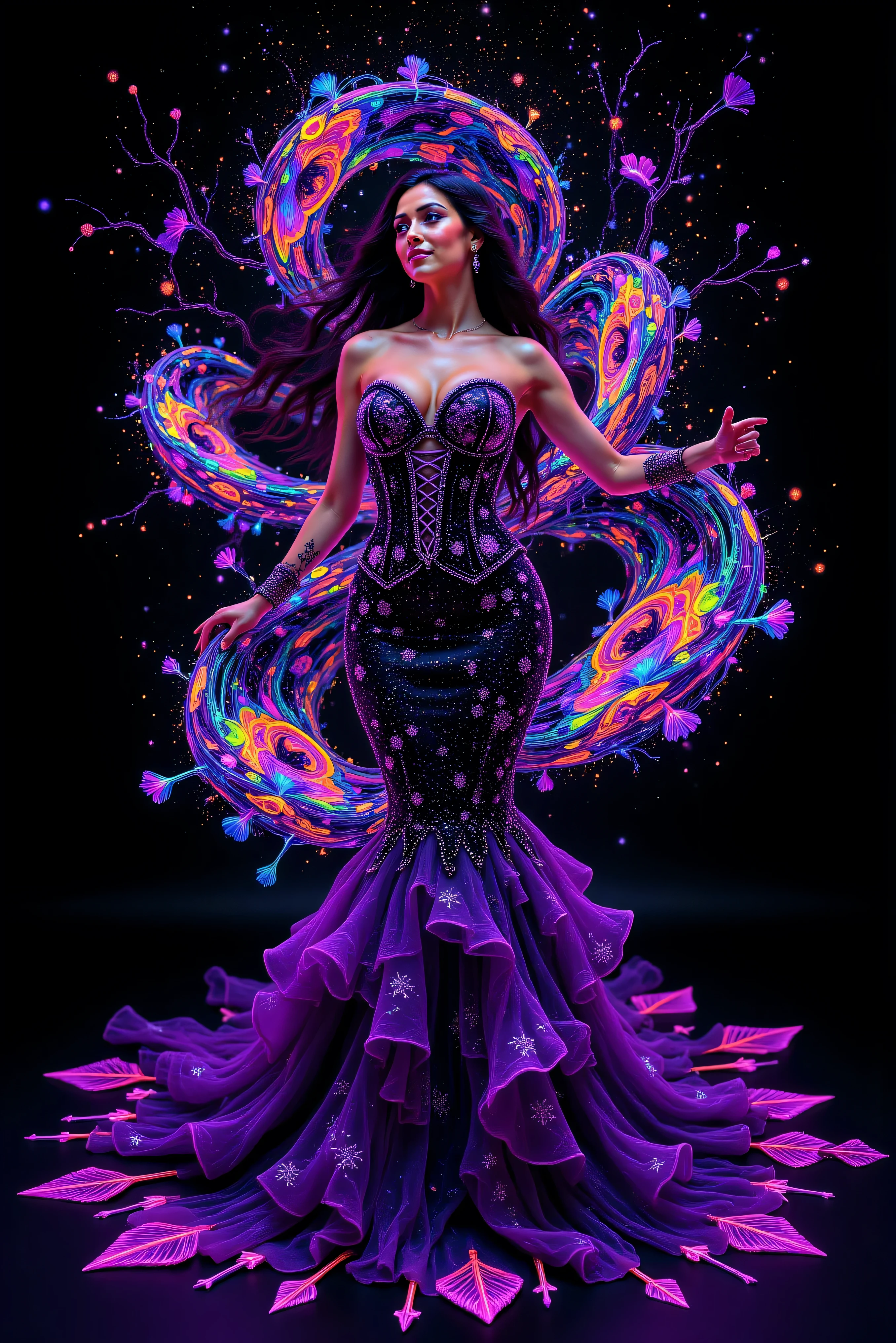 ETHEREAL LIGHT SPIRAL PORTRAIT:
MAIN SUBJECT:
- Elegant brunette woman in dramatic pose
- Porcelain complexion with subtle makeup
- Flowing long dark hair with subtle highlights
- Confident pose with graceful hand positioning
- Natural beauty with classical features
- Sophisticated expression with slight smile
- Professional model quality appearance
- Perfect posture emphasizing gown's silhouette
DRESS DETAILS:
- Black and violet mermaid-style gown
- Intricate corset with violet underlayer
- Black lacing creating dramatic contrast
- Three-tiered ruffle design from mid-thigh
- Circular floor-length hem with arrow tassels
- White embroidered floral patterns
- Delicate violet fabric flowers as accents
- White cross motifs integrated into design
LIGHT ELEMENTS:
- Massive spiral of multicolored light descending
- Flowing motion lines with ethereal glow
- Neon swirls wrapping around figure
- Psychedelic ground patterns radiating outward
- Dynamic light trails with smooth curves
- Sparkle effects catching light
- Luminescent energy streams
- Symmetrical light patterns
ATMOSPHERIC DETAILS:
- Deep black background
- Dramatic studio lighting
- Ethereal glow effects
- Light reflection on fabric
- Subtle fog effects
- Depth through light layers
- Dynamic shadow play
- Professional fashion lighting
TECHNICAL SPECIFICATIONS:
- Ultra high definition photography
- Cinematic color grading
- Perfect focus on subject
- Professional studio setup
- Fashion photography style
- Dramatic contrast ratios
- Sharp detail on fabric
- Smooth light transitions
Spirals of light around a beautiful woman in a mermaid style gown, surrealism. A very large spiral of multicolored light and energy comes swirling down with motion lines, sparkle, and smooth curving symmetry. From the very top of the screen to the very bottom, it twists itself around a beautiful Caucasian brunette woman wearing a mermaid style dress with a long skirt that has three ruffles of fabric from mid thigh down that opens up on the ground into a large circle around her feet and has arrow shaped tassels that lay out pointing in every direction. The dress is black and violet with white stitching embroidered down it in the shape of flowers and highlighted with white christian crosses and violet favric flowers attached to the gown. The black gown has a corset with violet underneath the black strings that tie it up. Her bust overflows in the corset. Glowing neon swirls weave around her body and arms and pour out onto the ground in psychedelic patterns of light. The black background is adorned with a colorful circle within a larger circle. The circles are each made from long strips of plastic that are braided together and then melted. They look are bright multicolored and glossy. Optically stimulating, startling, stunning images, awe-inspiringly, best quality images and dress designs, ethereal, dream-like images, surrealism, photo-realistic, ultra-realistic, photorealistic, cinematic lighting, cinematic photography, cinematic portrait, portrait photography, cinematography, full focus, hyper detailed, sparkle, psychedelic glowing light, god rays, backlighting, rotational symmetry, UHD, Masterpiece. The swirls of light are infused with glow in the paint. Super bright, super saturated neon and fluorescent Colors.** Incorporate bright neon green, neon pink, neon orange, neon blue, neon purple, and neon yellow in the swirls. Extremely bright glow and shine that sparkles and reflects!!!**