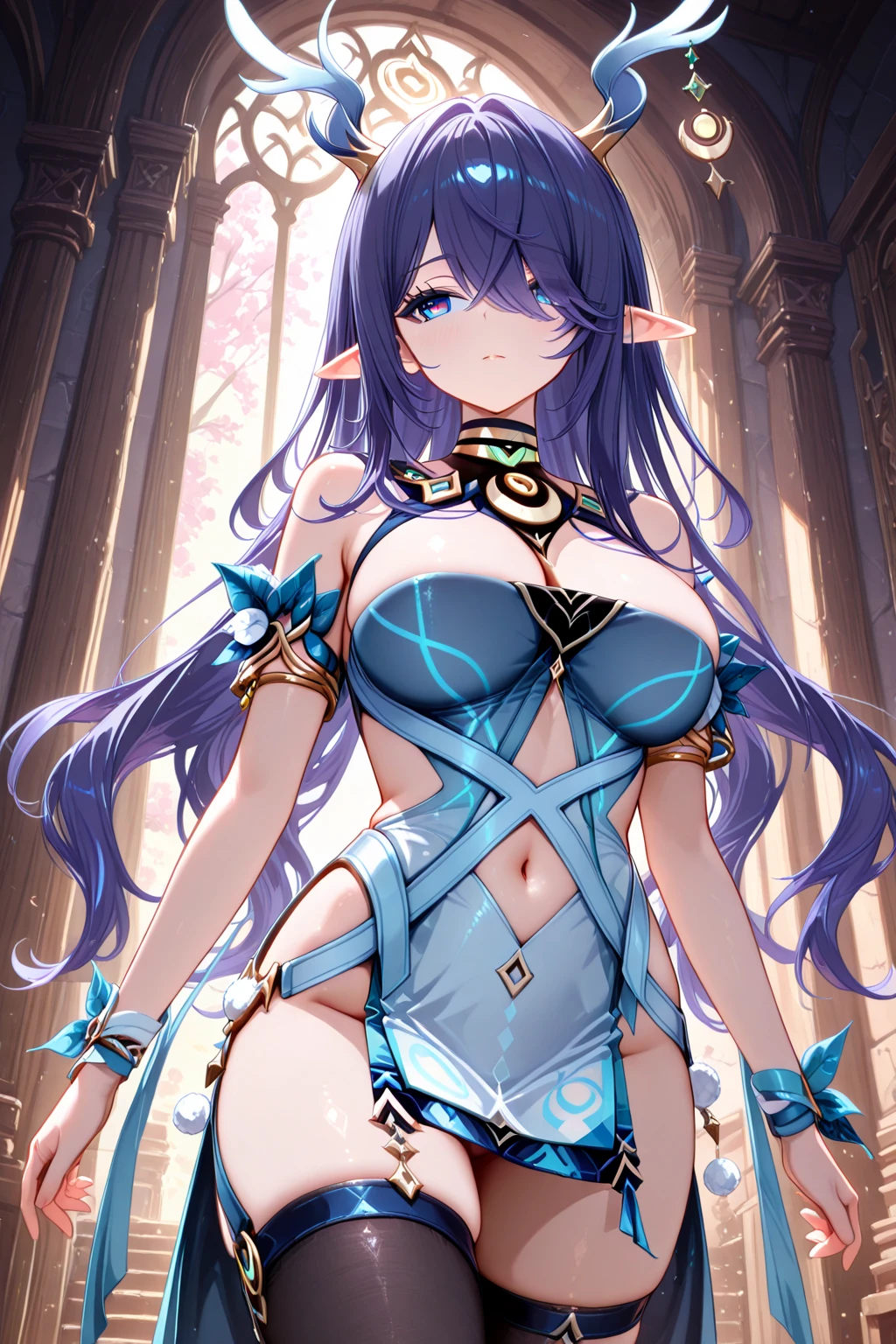 (masterpiece), best quality, expressive eyes, perfect face, Girl,long dark iridescent hair, iridescent eyes, small waist, small ?????? , large thighs,large ???, fantasy warrior outfit