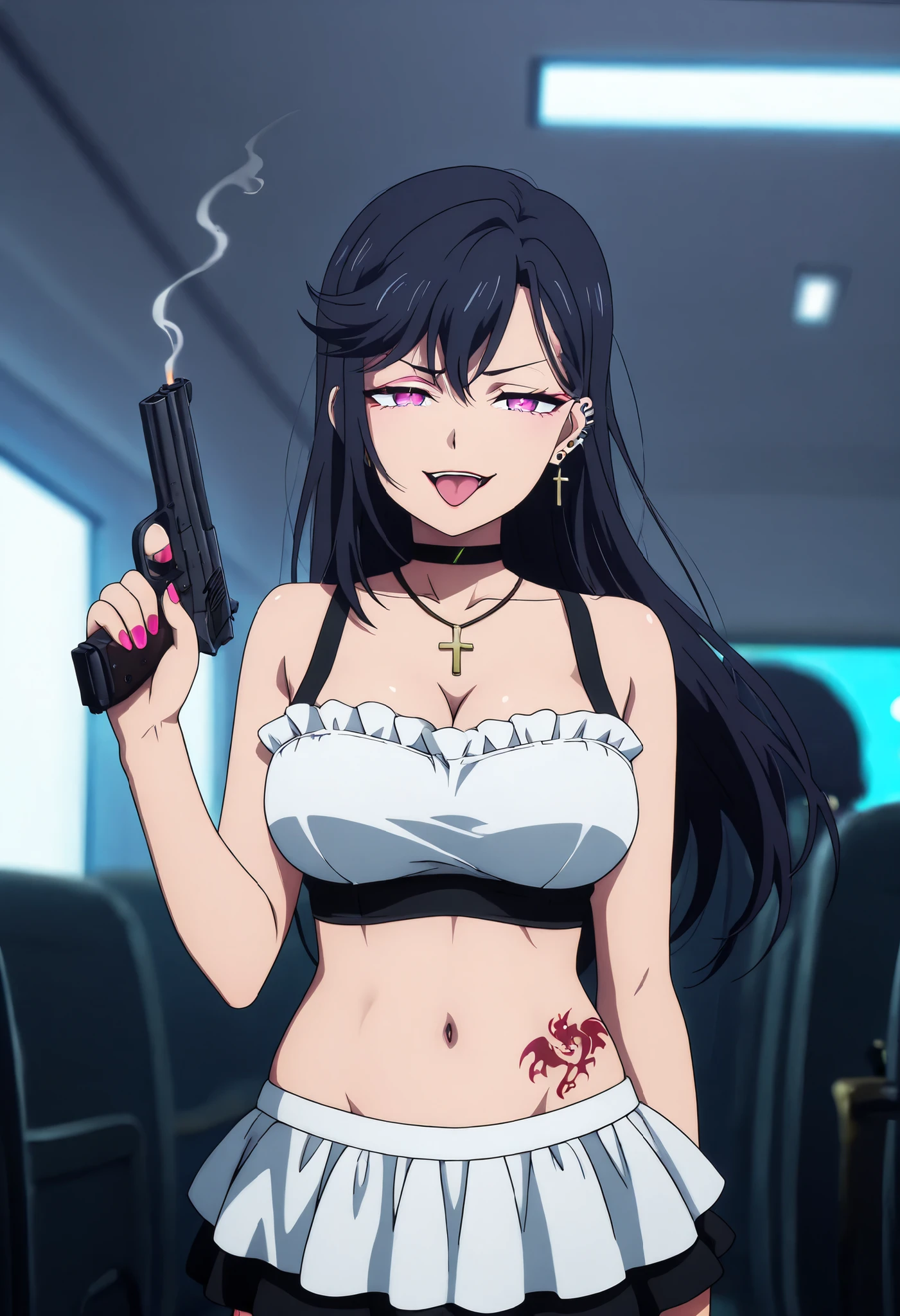 masterpiece, best quality, amazing quality, depth of field, long hair, black hair, purple eyes, , nail polish , , makeup , ear piercing , long hair , lipstick , Hot girl , baddie , smoking , sensual , attractive , choker , cross necklace , tongue out , open mouth, jewelry, earrings, complex detailed background, casino environment, fancy interior environment, rich interior, masterpiece, best quality, highly detailed, a girl in maid uniforms, holding pistol, maid outfit, cleavage, evil smile, smile, open mouth ,official artwork, (nsfw) not safe for work, beautiful maid girl, , micro skirt, exposed belly, exposed, navel, exposed midriff, exposed lower belly, holding a gun, ,medium large breasts, dragon tattoo on waist, narrowed eyes, tattoo on waist, anipai_style , anime screencap , anime coloring, v-shape eyebrows,,,