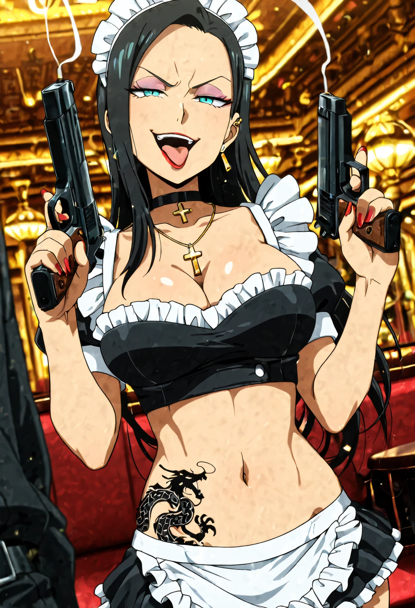 masterpiece, best quality, amazing quality, depth of field, girl,,  long hair, black hair, forehead, teal eyes, , nail polish , , makeup , ear piercing , long hair , lipstick , Hot girl , baddie , smoking , sensual , attractive , choker ,  cross necklace , , tongue out , open mouth, jewelry, earrings, complex detailed background, casino environment, fancy interior environment, rich interior, masterpiece, best quality, highly detailed, a girl in maid uniforms, holding pistol, maid outfit, cleavage, evil smile, smile, open mouth ,official artwork, (nsfw) not safe for work, beautiful maid girl, , micro skirt, exposed belly, exposed navel, exposed midriff, exposed lower belly, holding a gun, navel  ,medium large breasts, dragon tattoo on waist, narrowed eyes, tattoo on waist, anipai_style , anime screencap , anime coloring, v-shape eyebrows,,,,,