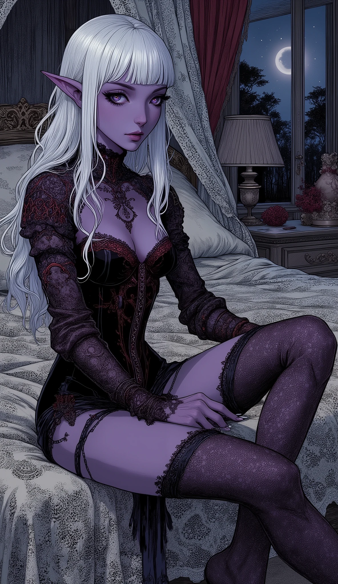 (The fusion of ukiyo-e and dark fantasy. Aesthetic, gothic-style digital art. Detailed facial rendering. Two female elves.) BREAK
(Translucent white hair. Straight-across bangs. White eyebrows. Long white eyelashes. Almond-shaped eyes. Lavender-colored irises. Thick, dark eyeliner. Small pink lips. Slightly pointed ears. Dark purple skin. Slender limbs. Thin fingers. White nails. Draw one thumb and four fingers precisely.) BREAK
(Medieval European style. A Victorian-style bedroom. A large bed with a lace canopy. Tall windows and luxurious velvet curtains. Late at night. A dark elf woman sits on the bed, her body slightly twisted, legs spread wide in a pose revealing her panties. She pulls her skirt up high, adjusting the fasteners of her garter belt and garter stockings with her hands. The dark elf woman wears a tight teddy in a medieval European court-style design, made of jet-black sheer fabric embroidered with red thread. She gazes at her fingertips, wearing an air of ennui.)