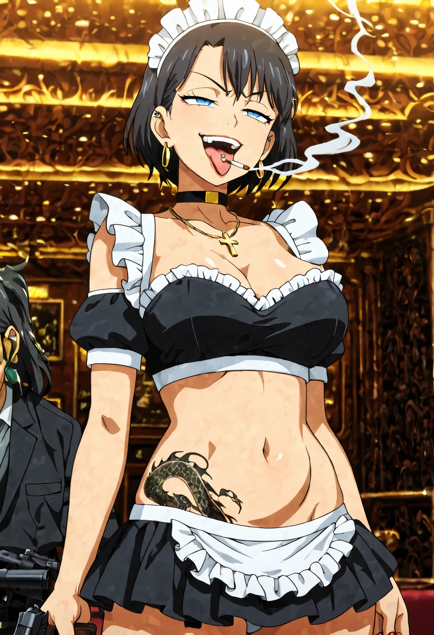 masterpiece, best quality, amazing quality, girl, short hair, black hair, blue eyes, loop earrings,,nail polish , , makeup , ear piercing , long hair , lipstick , Hot girl , baddie , smoking , sensual , attractive , choker , cross necklace ,, ,tongue piercing , tongue out , open mouth, jewelry, earrings, complex detailed background, casino environment, fancy interior environment, rich interior, masterpiece, best quality, highly detailed, a girl in maid uniforms, holding pistol, maid outfit, cleavage, evil smile, smile, open mouth ,official artwork, (nsfw) not safe for work, beautiful maid girl, , micro skirt, exposed belly, exposed navel, exposed midriff, exposed lower belly, holding a gun, navel piercing ,medium large breasts, dragon tattoo on waist, narrowed eyes, tattoo on waist, anipai_style , anime screencap , anime coloring, v-shape eyebrows,,,