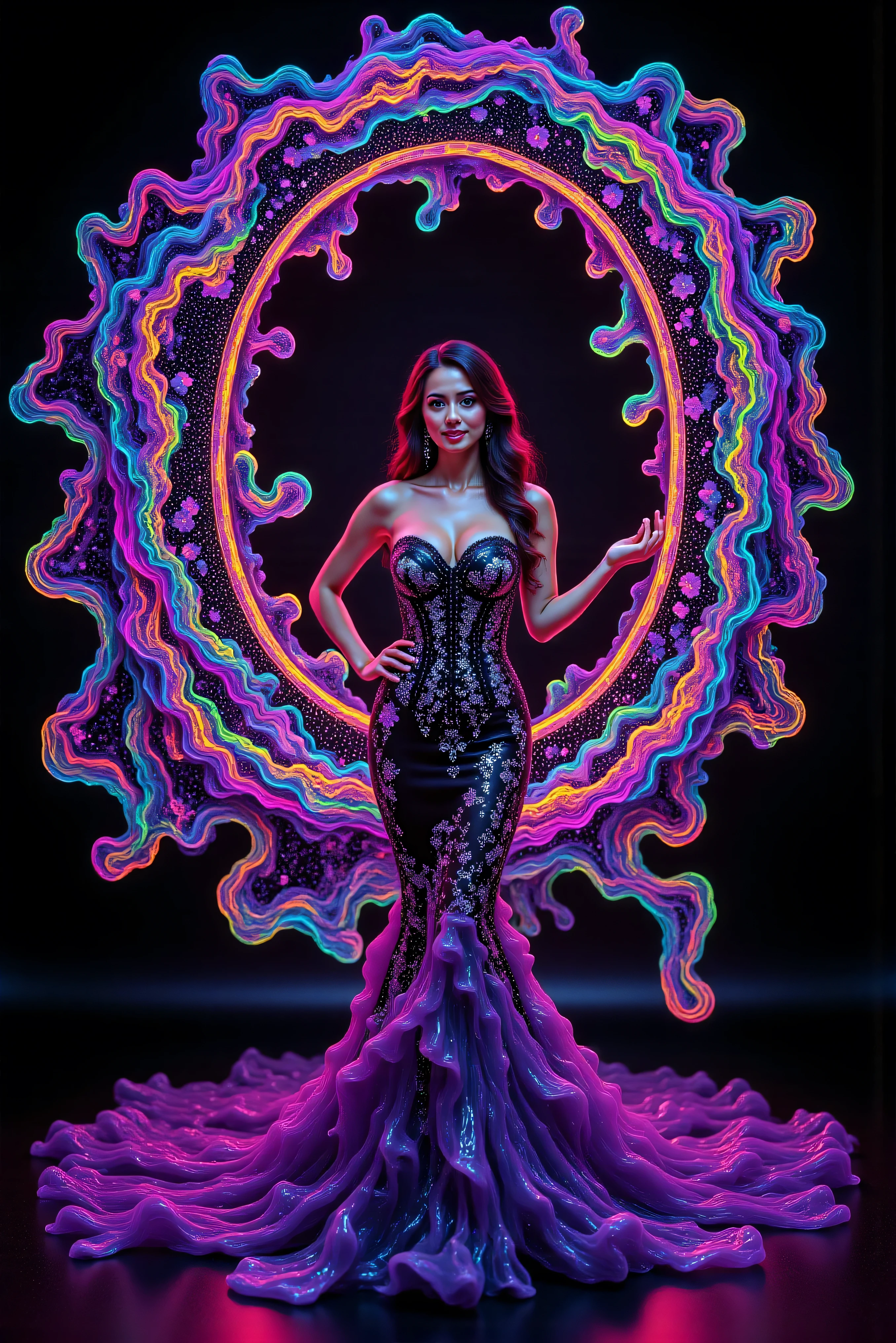 Etheral spiral behind a model

MAIN SUBJECT:
- Extremely attractive model, icon style, iconic character, hypersensual, Parted Lips,  Makeup,  Wide-Eyed, Kubrick Stare, Best Quality 
- Elegant brunette woman in dramatic pose
- Porcelain complexion with subtle makeup
- Flowing long dark hair with subtle highlights
- Confident pose with graceful hand positioning
- Natural beauty with classical features
- Sophisticated expression with slight smile
- Professional model quality appearance
- Perfect posture emphasizing gown's silhouette

DRESS DETAILS:
- Black and violet mermaid-style gown, white floral embroidery and trim
- Intricate corset with violet underlayer
- Black lacing creating dramatic contrast
- Three-tiered ruffle design from mid-thigh
- oversized circular skirt ending on the floor and more length hem, sweeping train style 
- White embroidered floral patterns
- Delicate violet fabric flowers as accents
- White cross motifs integrated into design

LIGHT ELEMENTS:
- Massive spiral of multicolored light descending, through each other like burnt plastic mixed with melting crayons
- Flowing motion lines with ethereal glow
- Neon swirls wrapping around figure
- Psychedelic ground patterns radiating outward
- Dynamic light trails with smooth curves
- Sparkle effects catching light
- Luminescent energy streams
- Symmetrical light patterns

ATMOSPHERIC DETAILS:
- Deep black background
- Dramatic studio lighting
- Ethereal glow effects
- Light reflection on fabric
- Depth through light layers
- Dynamic shadow play
- Professional fashion lighting

TECHNICAL SPECIFICATIONS:
- Ultra high definition photography
- Cinematic color grading
- Perfect focus on subject
- Professional studio setup
- Fashion photography style
- Dramatic contrast ratios
- Sharp detail on fabric
- Smooth light transitions
Spirals of light around a beautiful woman in a  mermaid style gown, surrealism. A very large spiral of multicolored light and energy comes swirling down with motion lines, sparkle, and smooth curving symmetry. From the very top of the screen to the very bottom, it twists itself around a beautiful Caucasian brunette woman wearing a mermaid style dress with a long skirt that has three ruffles of fabric from mid thigh down that opens up on the ground into a large circle around her feet and has arrow shaped tassels that lay out pointing in every direction. The dress is black and violet with white stitching embroidered down it in the shape of flowers and highlighted with white Christian crosses and violet fabric flowers attached to the gown. The black gown has a corset with violet underneath the black strings that tie it up. Her bust overflows in the corset. Glowing neon swirls weave around her body and arms and pour out onto the ground in psychedelic patterns of light. The black background is adorned with a colorful circle within a larger circle. The circles are each made from long strips of plastic that are braided together and then melted. They look bright multicolored and glossy. Optically stimulating, startling, stunning images, awe-inspiringly, best quality images and dress designs, ethereal, dream-like images, surrealism, photo-realistic, ultra-realistic, photorealistic, cinematic lighting, cinematic photography, cinematic portrait, portrait photography, cinematography, full focus, hyper detailed, sparkle, psychedelic glowing light, rotational symmetry, UHD, Masterpiece. The swirls of light are infused with glow in the paint. Super bright, super saturated neon and fluorescent Colors.** Incorporate bright neon green, neon pink, neon orange, neon blue, neon purple, and neon yellow in the swirls. Extremely bright glow and shine that sparkles and reflects!!!**