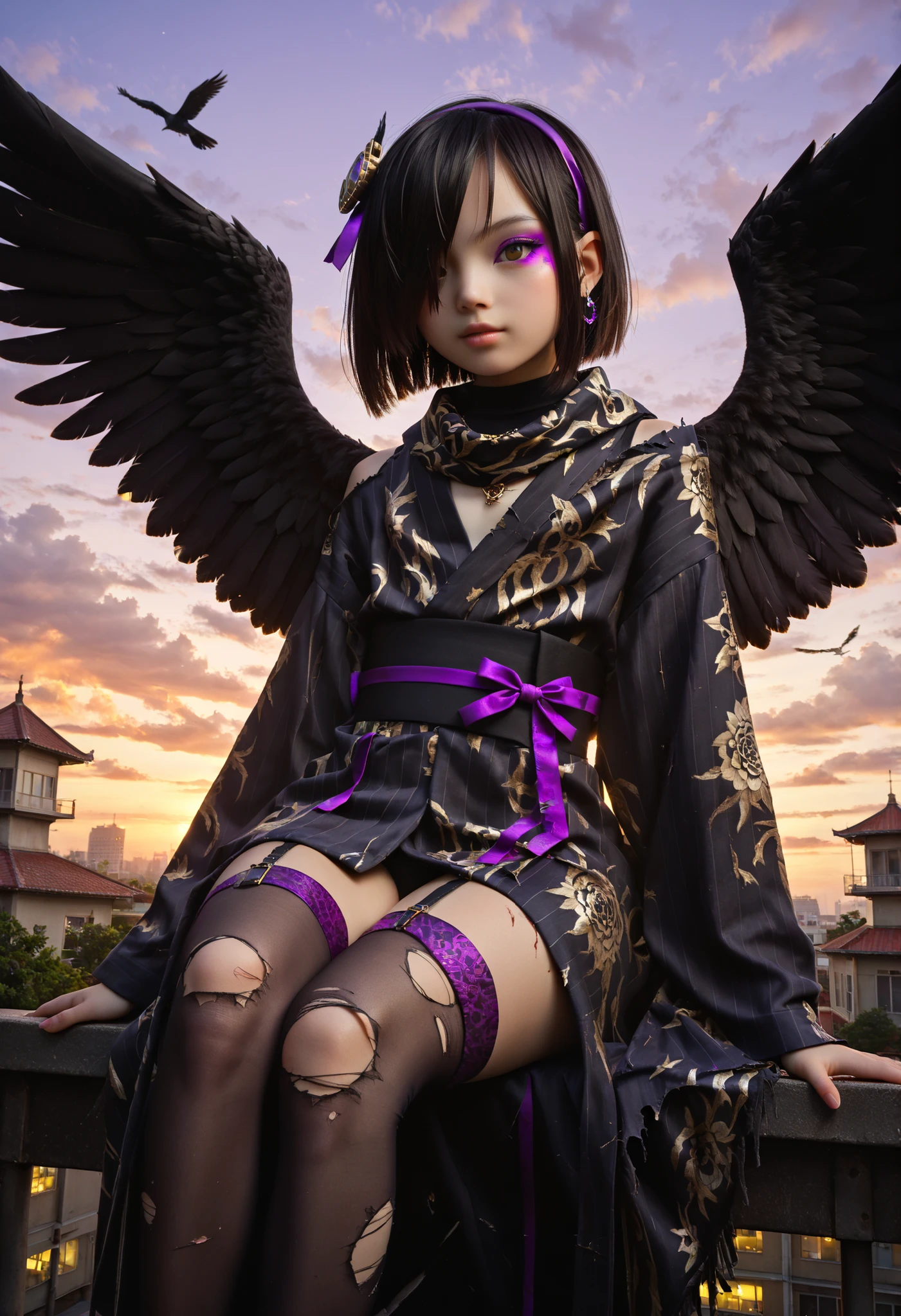 masterpiece, best quality, amazing quality, very awa, absurdres, newest, very aesthetic, 1girl, on steeple, girl perched on building, sunset, (light skinned girl), (hair over eye), brown eye, black hair, purple gems, piercings, slender body, flat chest, tiny shoulders, wide hips, huge ass, moody, double eyelids, heavy eyeshadow, oriental patterned scarf), Professional realistic studio photography, UHD, Extremely Sharp Image, ROH, ((erotic)), hairband, lingerie, scraped knees, cuts on knees, stockings, garterbelt, yukata with gold hexagons, (((yukata over shoulders, draped over shoulders, open-front yukata))), black wings, black feathers, damaged clothes, black clothes, gold colors, purple colors, complimentary colors, high contrast, shuriken hair ornament, dynamic angle, Southern gothic, American South, haunted suburbs, (((kudzu))), FCV1
