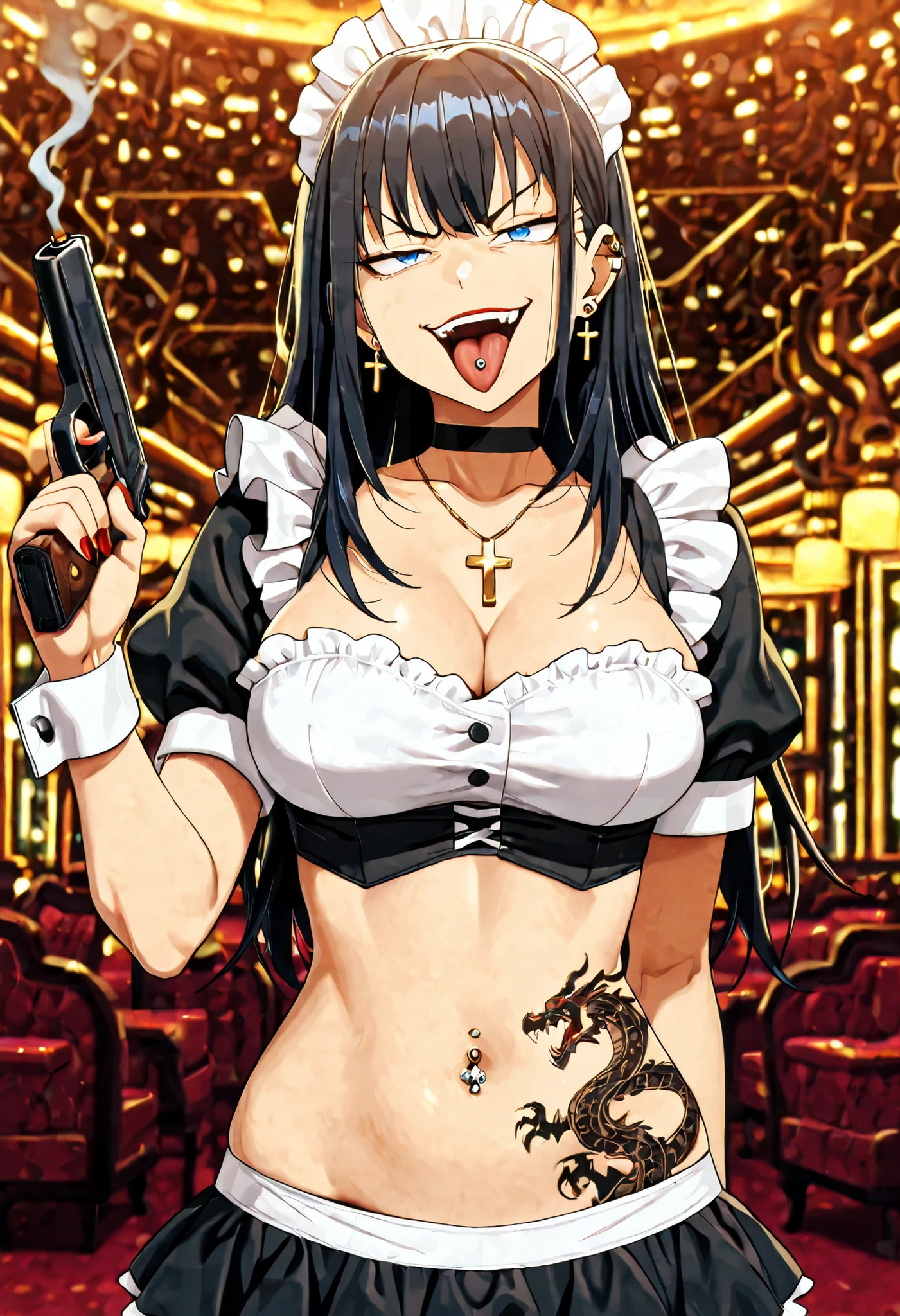 masterpiece, best quality, amazing quality, depth of field, long hair, black hair, dark blue eyes, red lipstick, angry eyes, solo,nail polish , , makeup , ear piercing , long hair , lipstick , Hot girl , baddie , smoking , sensual , attractive , choker , cross necklace , ,,tongue piercing , tongue out , open mouth, jewelry, earrings, complex detailed background, casino environment, fancy interior environment, rich interior, masterpiece, best quality, highly detailed, a girl in maid uniforms, holding pistol, maid outfit, cleavage, evil smile, smile, open mouth ,official artwork, () , beautiful maid girl, , micro skirt, exposed belly, exposed navel, exposed midriff, exposed lower belly, holding a gun, navel piercing ,medium , dragon tattoo on waist, narrowed eyes, tattoo on waist, anipai_style , anime screencap , anime coloring, v-shape eyebrows,,,,,