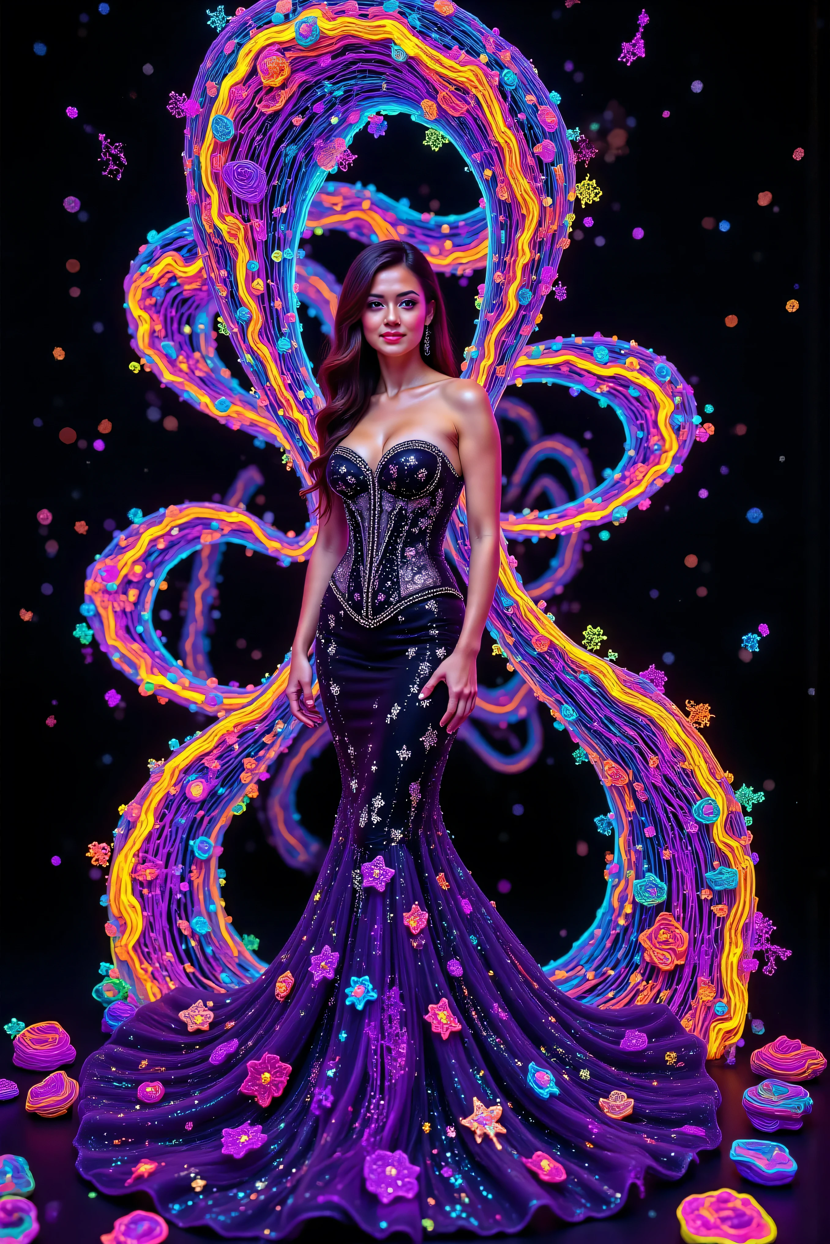 Etheral colored spiral behind a model

MAIN SUBJECT:
- Extremely attractive model, icon style, iconic character, hypersensual, Parted Lips,  Makeup,  Wide-Eyed, Kubrick Stare, Best Quality 
- Elegant brunette woman in dramatic pose
- Porcelain complexion with subtle makeup
- Flowing long dark hair with subtle highlights
- Confident pose with graceful hand positioning
- Natural beauty with classical features
- Sophisticated expression with slight smile
- Professional model quality appearance
- Perfect posture emphasizing gown's silhouette

DRESS DETAILS:
- Black and violet mermaid-style gown, white floral embroidery and trim
- Intricate corset with violet underlayer
- Black lacing creating dramatic contrast
- Three-tiered ruffle design from mid-thigh
- oversized circular skirt ending on the floor and more length hem, sweeping train style 
- White embroidered floral patterns
- Delicate violet fabric flowers as accents
- White cross motifs integrated into design

LIGHT ELEMENTS:
- Massive spiral of multicolored light descending, through each other like burnt plastic mixed with melting crayons
- Flowing motion lines with ethereal glow
- Neon swirls wrapping around figure
- Psychedelic ground patterns radiating outward
- Dynamic light trails with smooth curves
- Sparkle effects catching light
- Luminescent energy streams
- Symmetrical light patterns

ATMOSPHERIC DETAILS:
- Deep black background
- Dramatic studio lighting
- Ethereal glow effects
- Light reflection on fabric
- Depth through light layers
- Dynamic shadow play
- Professional fashion lighting

TECHNICAL SPECIFICATIONS:
- Ultra high definition photography
- Cinematic color grading
- Perfect focus on subject
- Professional studio setup
- Fashion photography style
- Dramatic contrast ratios
- Sharp detail on fabric
- Smooth light transitions
Spirals of light around a beautiful woman in a  mermaid style gown, surrealism. A very large spiral of multicolored light and energy comes swirling down with motion lines, sparkle, and smooth curving symmetry. From the very top of the screen to the very bottom, it twists itself around a beautiful Caucasian brunette woman wearing a mermaid style dress with a long skirt that has three ruffles of fabric from mid thigh down that opens up on the ground into a large circle around her feet and has arrow shaped tassels that lay out pointing in every direction. The dress is black and violet with white stitching embroidered down it in the shape of flowers and highlighted with white Christian crosses and violet fabric flowers attached to the gown. The black gown has a corset with violet underneath the black strings that tie it up. Her bust overflows in the corset. Glowing neon swirls weave around her body and arms and pour out onto the ground in psychedelic patterns of light. The black background is adorned with a colorful circle within a larger circle. The circles are each made from long strips of plastic that are braided together and then melted. They look bright multicolored and glossy. Optically stimulating, startling, stunning images, awe-inspiringly, best quality images and dress designs, ethereal, dream-like images, surrealism, photo-realistic, ultra-realistic, photorealistic, cinematic lighting, cinematic photography, cinematic portrait, portrait photography, cinematography, full focus, hyper detailed, sparkle, psychedelic glowing light, rotational symmetry, UHD, Masterpiece. The swirls of light are infused with glow in the paint. Super bright, super saturated neon and fluorescent Colors.** Incorporate bright neon green, neon pink, neon orange, neon blue, neon purple, and neon yellow in the swirls. Extremely bright glow and shine that sparkles and reflects!!!**