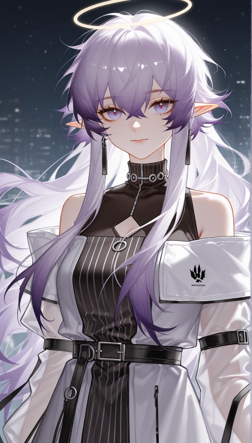 (master part),(melhor qualidade),altamente detalhado,ultra-detalhado, mitologia em cadeia, (Onze), 1girl, sozinho, peito grande, menina bonito, Bob Corte de Cabelo, franja separada, (cabelo sobre um olho), cabelos brancos, olhos violetas, cicatriz no rosto, Sorriso, lips, Cilia, maquiagem, sombra, pink sombra, pink lips, parted lips, corar, various accessories, (piercing na orelha), Jaqueta de couro preta com espinhos, barriga aberta, Slacks, correntes nas roupas,  Hiqualidade, 4k, disco Rigido, bom detalhe, estilo de artgerm, por Kawacy, Directed by: Yusuke Murata