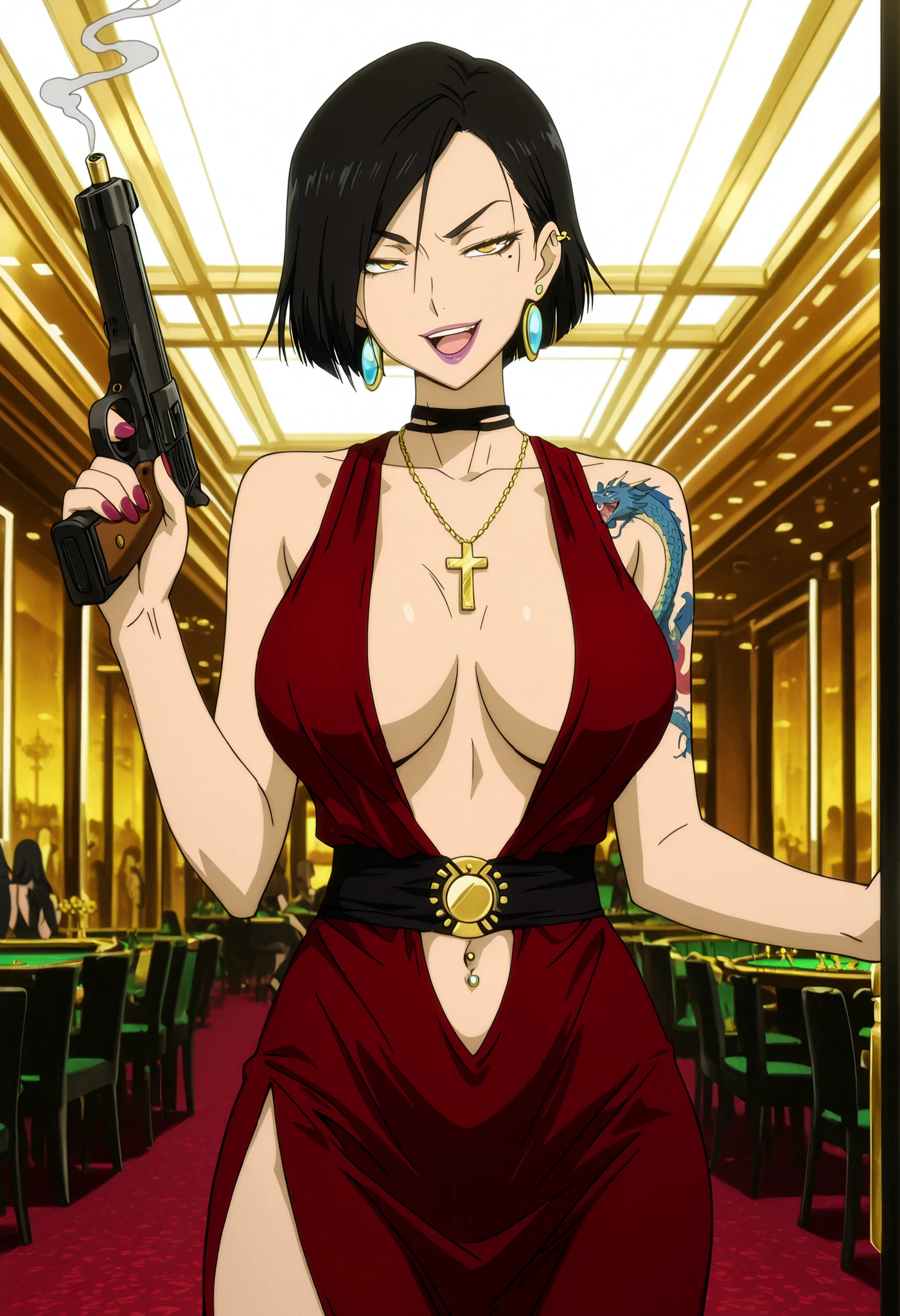 masterpiece, best quality, amazing quality,, aria sanka, short hair, , black hair, mole, mole under eye, makeup, mature female,, anime screencap, dress, jewelry, earrings, necklace, no bra, red dress, lipstick, collarbone,, slooking at viewer, holding, holding cigarrette, smoking, nail polish , , makeup , ear piercing , long hair , lipstick , Hot girl , baddie , smoking , sensual , attractive , choker , cross necklace, masterpiece, best quality, highly detailed, a girls in long dress with navel cutout posing for a picture, evil
smile, smile, open mouth, () , revealing dress, beautiful dress center opening ,
long dress with bellybutton showing, official artwork, exposed navel, exposed bellybutton, jewelry,
earrings, complex detailed background, casino environment, fancy
interior environment, rich interior, holding a gun, holding pistol, side slit ,
navel cutout, exposed navel, exposed bellybutton ,navel piercing, medium , dragon tattoo on waist, narrowed eyes, tattoo on waist, anipai_style , anime screencap , anime