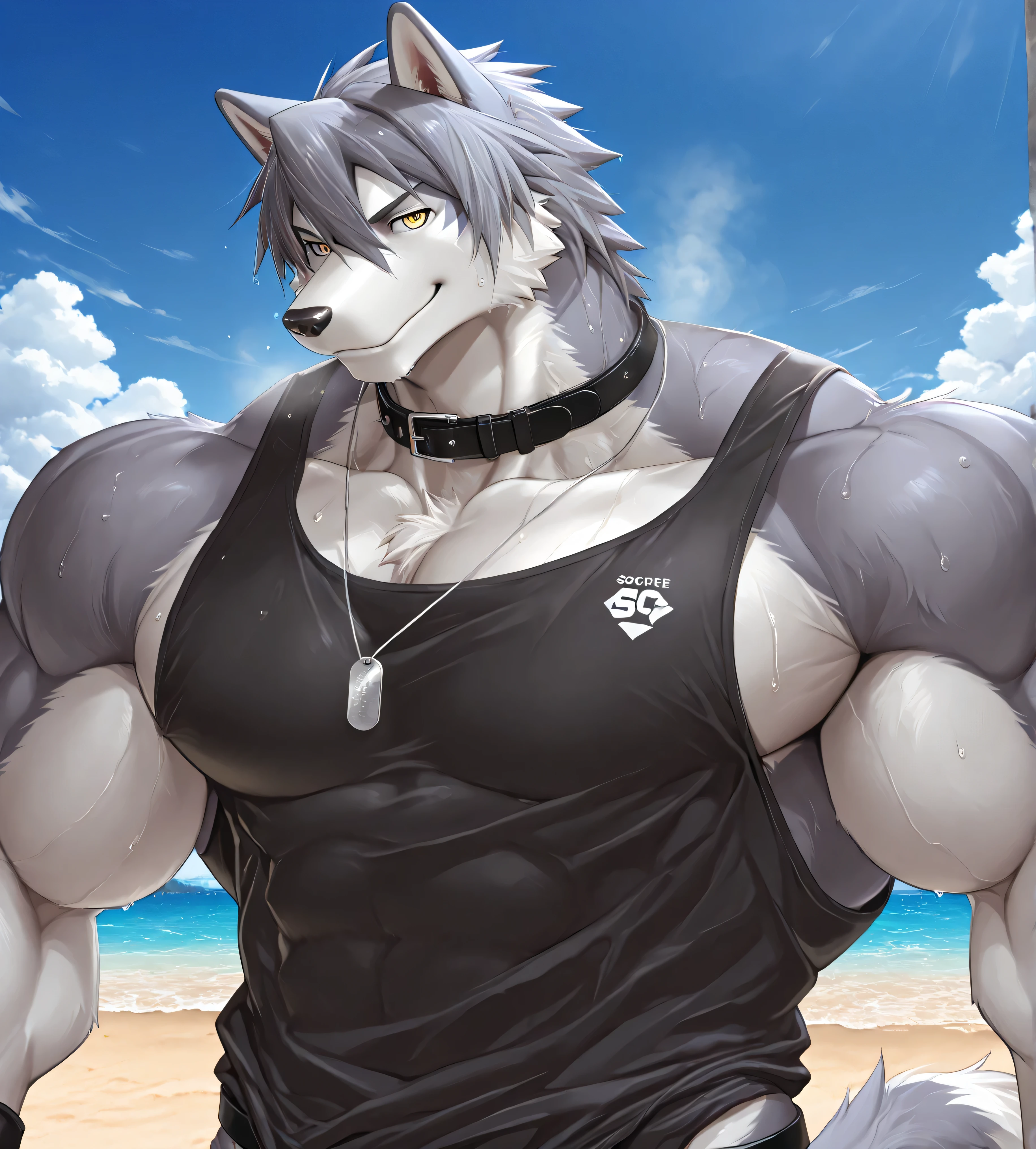detailed background, low view, beach, close up, solo, alone, rex furry style XL, score_9_up,score_8_up,score_7_up,score_6_up,score_5_up,score_4_up, BREAK kemono, bara, furry, 1boy, anthro, kouya_aotsuki, husky, morenatsu, yellow eyes, dog tag, gray fur, macro, huge muscular, black collar on neck, tail, male, posing, bedroom eyes, sweaty, black tank top, serious, smile, huge black jockstrap, huge bulge in black jockstrap, looking down at viewer, upper body shot, reclamon