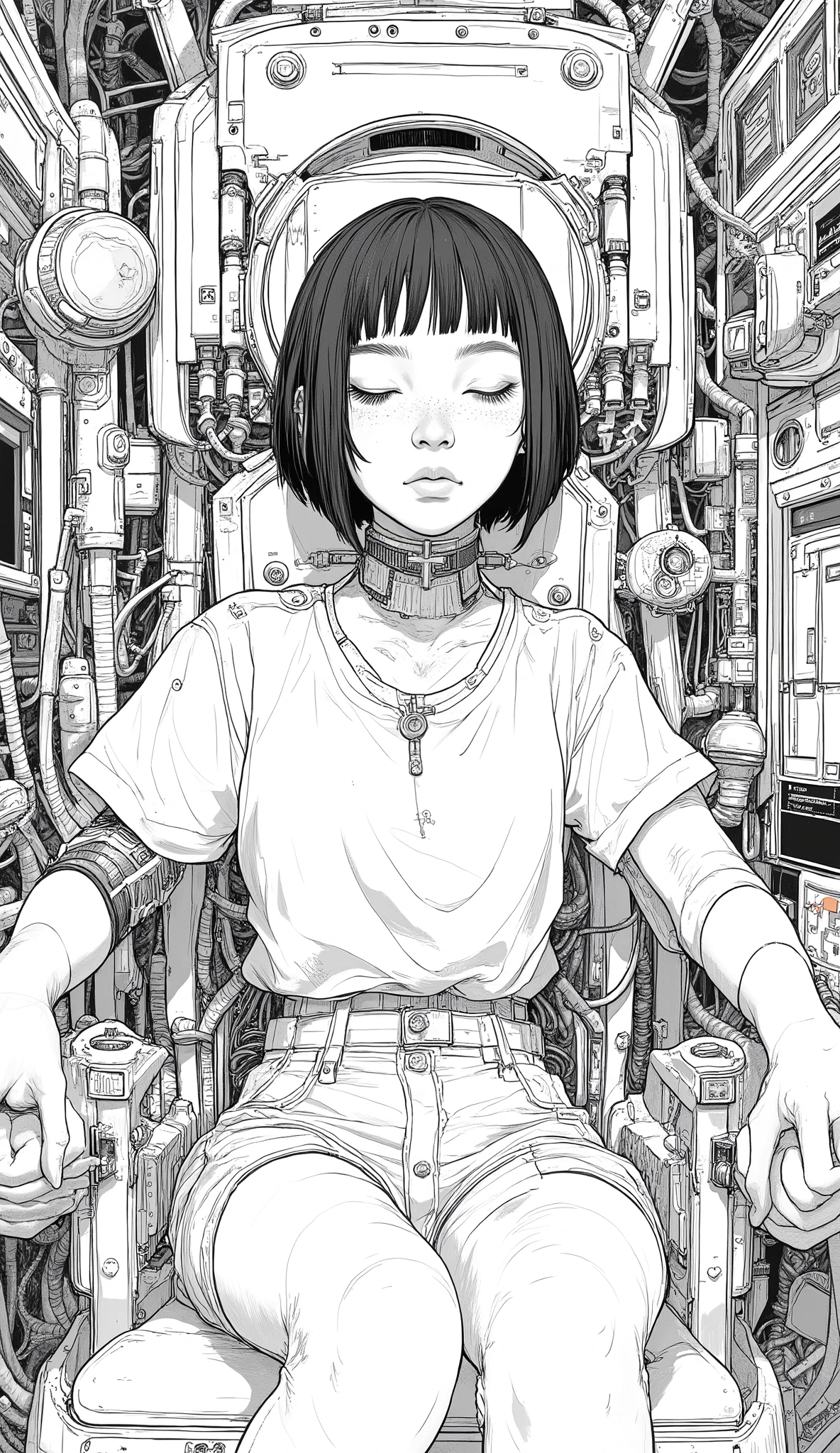 A person seamlessly integrated into a complex network of machines sits in a high-tech chair, Man and machine create a striking juxtaposition. personal, probably young adults, They have short hair and a serene expression, They suggest a state of calm or deep concentration. Their clothing is simple, loose-fitting garment that accentuates the cybernetic enhancements visible on their shoulder, arm, And she has ears . These augmentations are complex, Cables and wires extend from their heads, They connect to different parts of the surrounding machines.
The setting seems to be a futuristic or sci-fi environment, Panels dominate, Dial, and screens displaying advanced technology. The grayscale illustration uses detailed lines to highlight the machines and their textures, as well as the smoothness of human skin. The lighting is subtly focused on their faces, They enhance a calm aura in an industrial setting, Mechanical Background. There is an atmosphere of a blend of advanced technology and human presence, They give the scene a meditative, immersive mood.