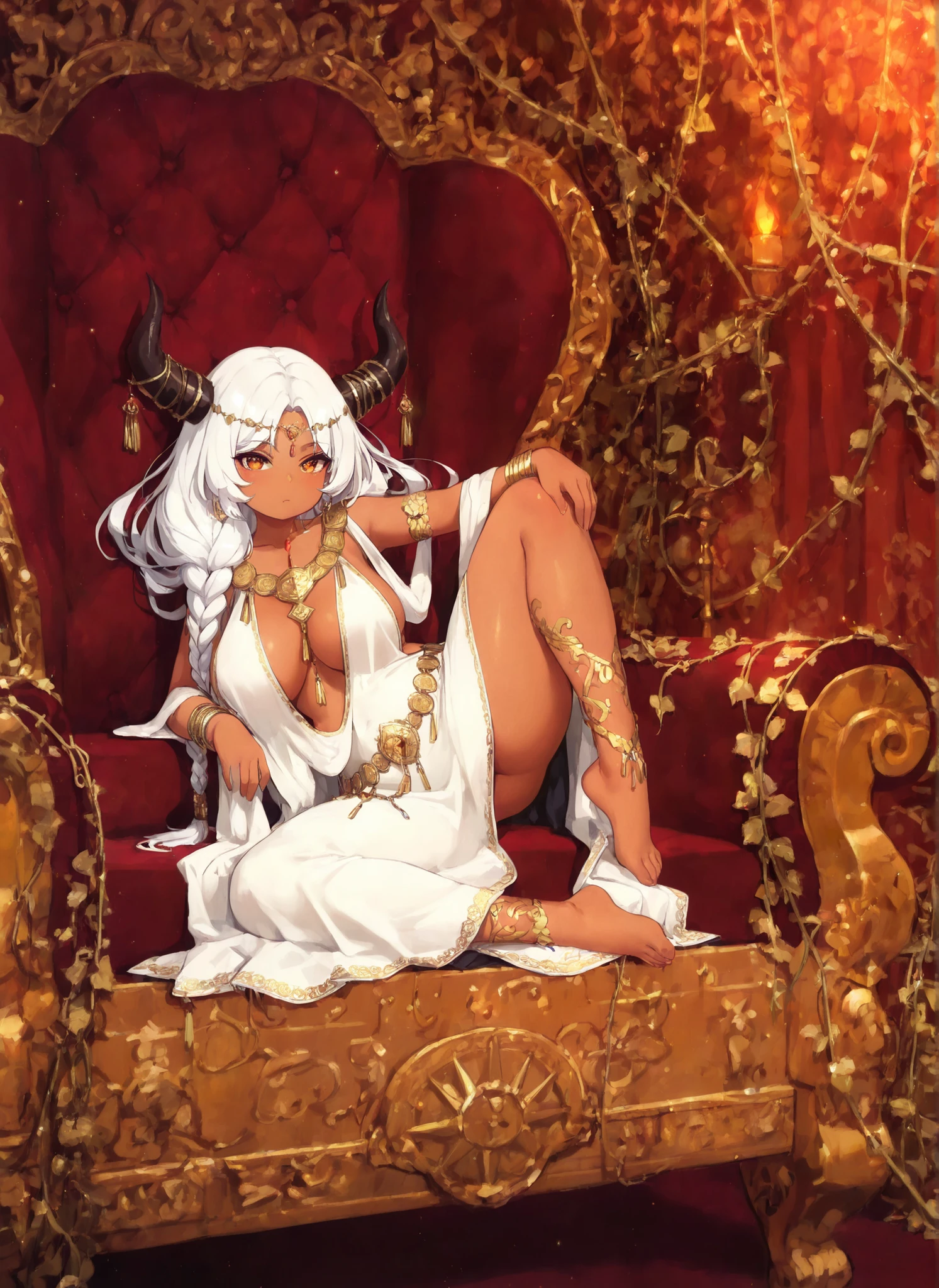 (1 girl)Oni high priestress-regent Khanna,tanned skin, shortstack , horns, large breasts, white hair, sharp amber eyes, curvy yet delicate body.
Wearing Long white silk dress with gold embroidery in the shape of vines, open at the neckline with a deep V-neck and wide side slits that reveal much of the body, giving it a regal yet provocative air. It is cinched at the waist with a belt of medallions and gold chains, adorned with hanging jewels, and complemented by multiple bracelets and a braided headband that reinforce its divine bearing, barrfoot, complete a ceremonial ensemble that conveys sacred majesty and sensuality.
Red tribal body paintings, barefoot.
Regally resting on a ornate divan throne.
