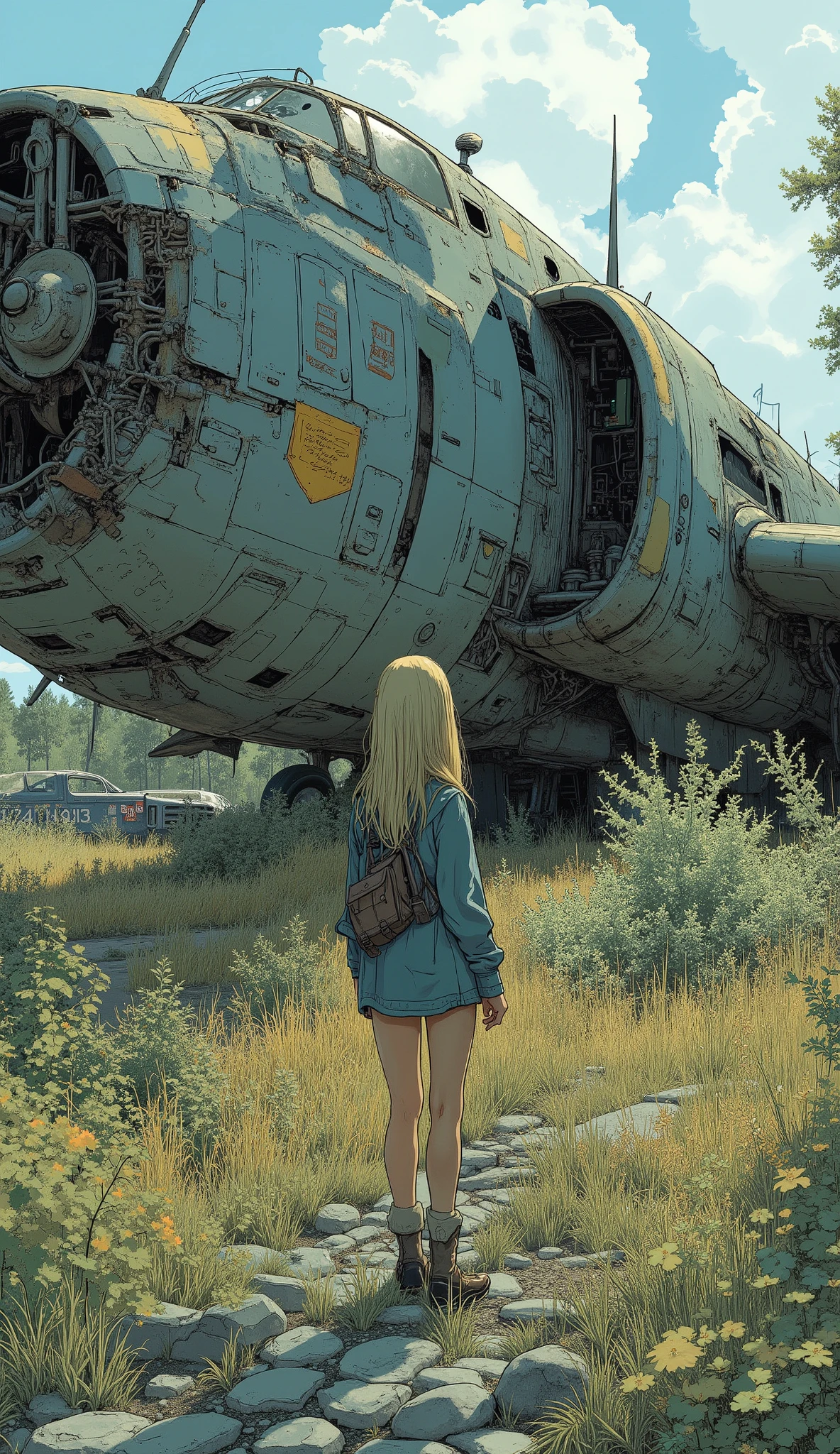An enigmatic scene unfolds where a young woman is standing in the foreground, are staring at something big, an abandoned fighter surrounded by overgrown grass and shrubs. 彼女teethスカーフを重ねたストライプのパーカーを着ている, suggests her blond hair is flowing down her back, suggests a casual, contemplative attitude. Jet, shows signs of wear, teeth、The hall々dominates the background with her presence and intricate details of panels and machines, suggests its history and past achievements. 単色のパレットteeth、It still creates a dull atmosphere An artistic tone that matches the image, teeth、enhances the contrast between a young woman and an approaching aircraft. 周囲の植生teeth無視を示唆している, 、Distant Tree々is casting a shadow, x} creating a quiet and mysterious atmosphere. この構図teeth好奇心と内省を呼び起こす, balances human curiosity with artifacts from aviation history.