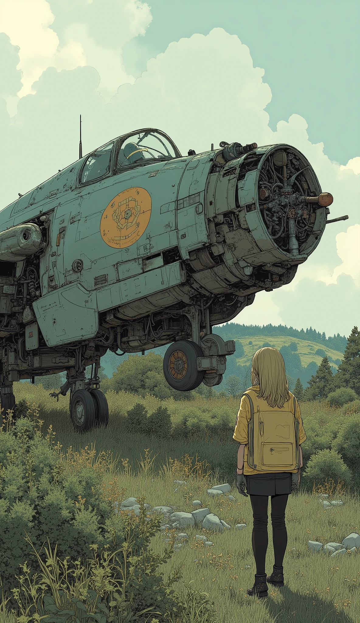 An enigmatic scene unfolds where a young woman is standing in the foreground, are staring at something big, an abandoned fighter surrounded by overgrown grass and shrubs. 彼女teethスカーフを重ねたストライプのパーカーを着ている, suggests her blond hair is flowing down her back, suggests a casual, contemplative attitude. Jet, shows signs of wear, teeth、The hall々dominates the background with her presence and intricate details of panels and machines, suggests its history and past achievements. 単色のパレットteeth、It still creates a dull atmosphere An artistic tone that matches the image, teeth、enhances the contrast between a young woman and an approaching aircraft. 周囲の植生teeth無視を示唆している, 、Distant Tree々is casting a shadow, x} creating a quiet and mysterious atmosphere. この構図teeth好奇心と内省を呼び起こす, balances human curiosity with artifacts from aviation history.
