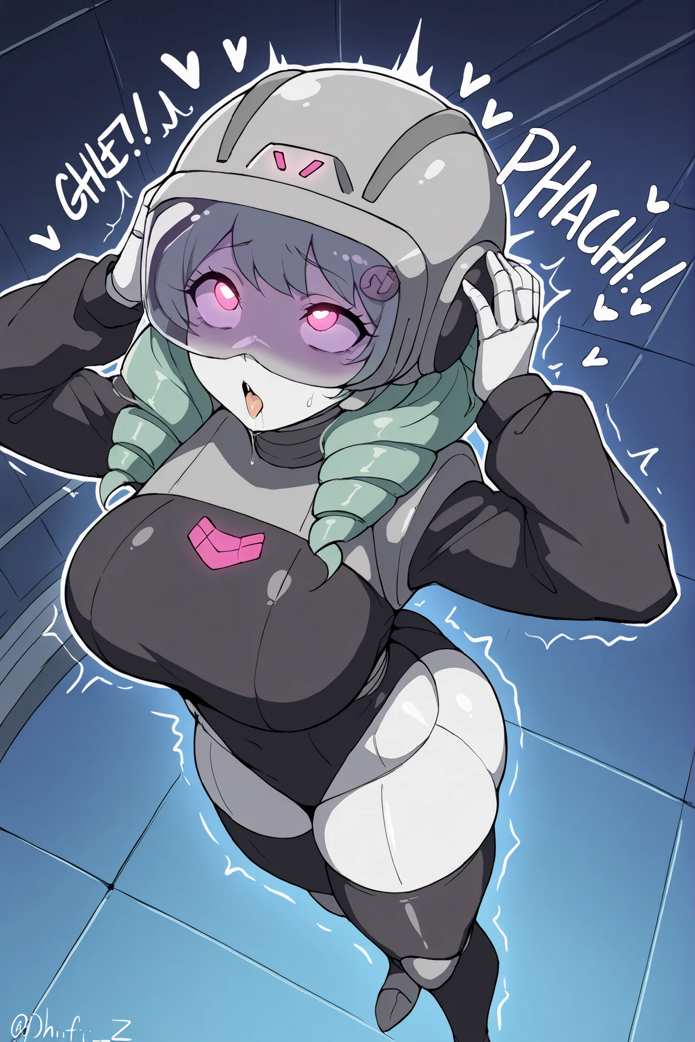 2d, Best quality, masterpiece, wide angle, solo, 1girl, solo, defFlayn, long hair, drill hair, green hair, hairclip, very thicc white outline, white skin, she wearing black leather long sleeves full_one_piece_leotard, leather stockings, sphere shaped helmet, mischievous z-tech helmet, chinstraps, evil ZKOvisor, hyonotic visor, she trying to taking helmet from her head, hands up to head, hands grabbing helmet and trying to get it off, she tense, she scared, she resisting, from above, she at alien spaceship floating at space, spaceship background, dynamic angle,mechanical limbs,robot joints,metal skin,mistyrobot,,large breasts,big ass,glowing eyes,head-mounted display ,ahegao ,comic expression, Sound effect,heart,trembling 