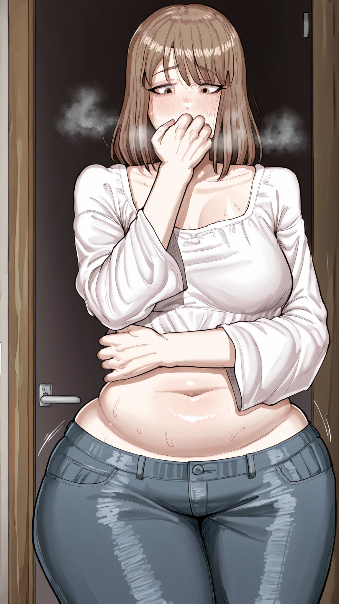 She leans lightly against the doorway of her home, wearing casual clothes—a loose cotton blouse and soft jeans that hug her wide hips and curve gently over her belly. Her short wavy brown hair is tousled, sticking slightly to her temples from the heat. Her skin has a subtle sheen of sweat, and her soft makeup is barely holding. Her lips are parted, breathing gently through her mouth, as if caught mid-sigh or recovering from movement. One hand rests on her hip, the other lifts the edge of her blouse slightly, revealing a glimpse of her lower waist. Her gaze is distant but warm, and the aura around her feels intimate—like a moment not meant to be seen, yet impossible to ignore.