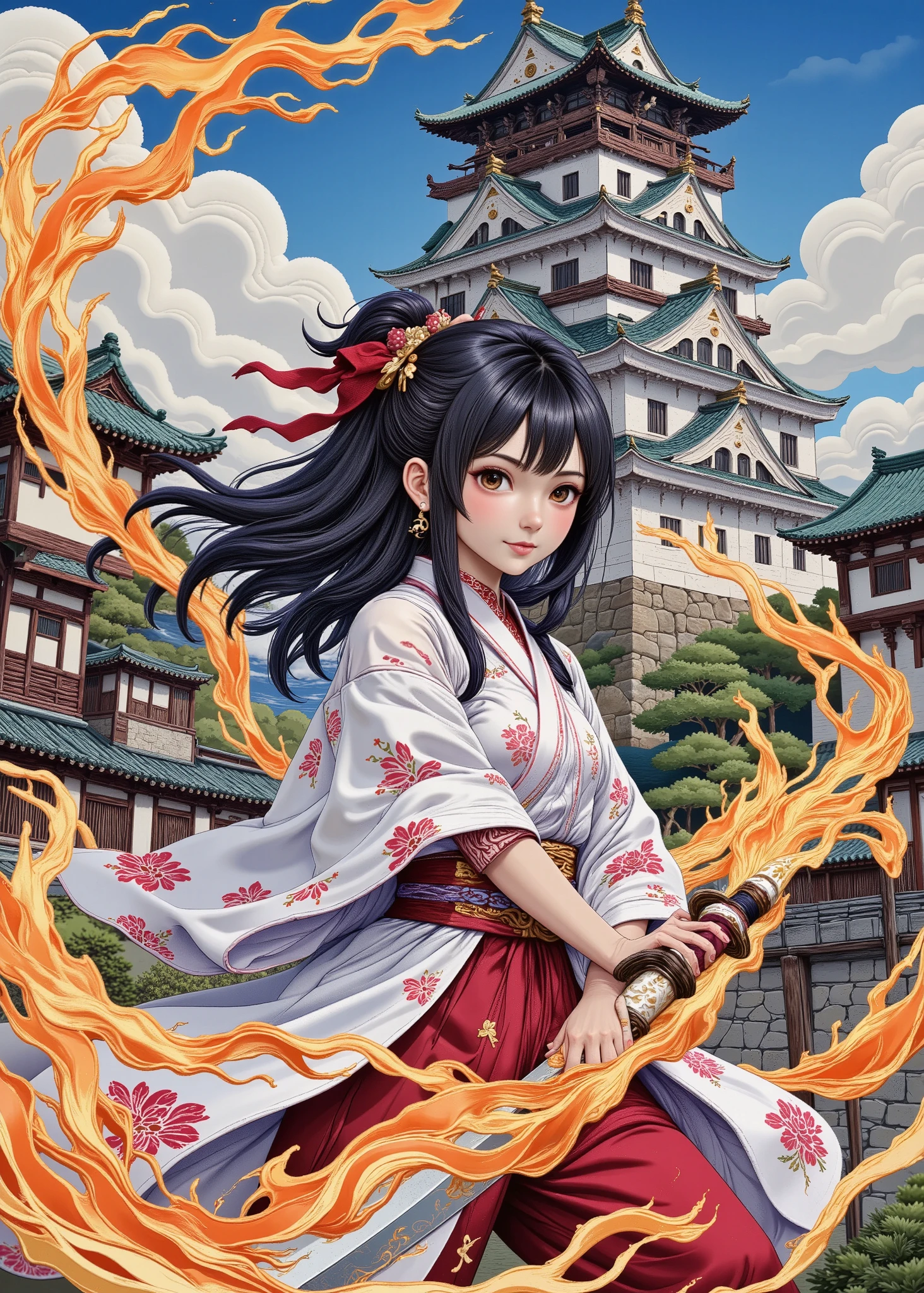 cute girl、1 Kamado Tanjiro Girl、Kamado Nezuko Cosplay、Himeji Castle、action scene、Dynamic Poses、Trails of Fire from Japanese Sword Blade