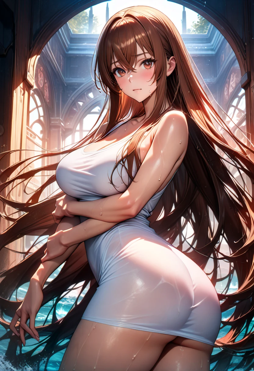 Raw photography, top-quality, ​masterpiece, extremely delicate and beautiful, ighly detailed, nffsw, Unity, 8K Picture Wallpaper, amazingly detail, detaile, ​masterpiece, top-quality, Official art, Highly detailed ticker Unity 8k wallpaper, ultra-detailliert, hight resolution, ighly detailed, Clair, Kiss and Focus, (top-quality), (realisitic, Photorealsitic:1.5), 8K, Soft lighting, hightquality, lighting like a movie, 1girl in、Daiwa Scarlet、Red-brown hair、long、Long twintails、Very long horse ears、、、Wearing only a Y-shirt naked、Wear only a Y-shirt、Rear view、Bare back、ultra gigantic tits、very, very large udder、Breasts out、Beautiful udder、Stretch out your hands and stretch your back、Bedrooms、morning、the morning sun、Room with large windows