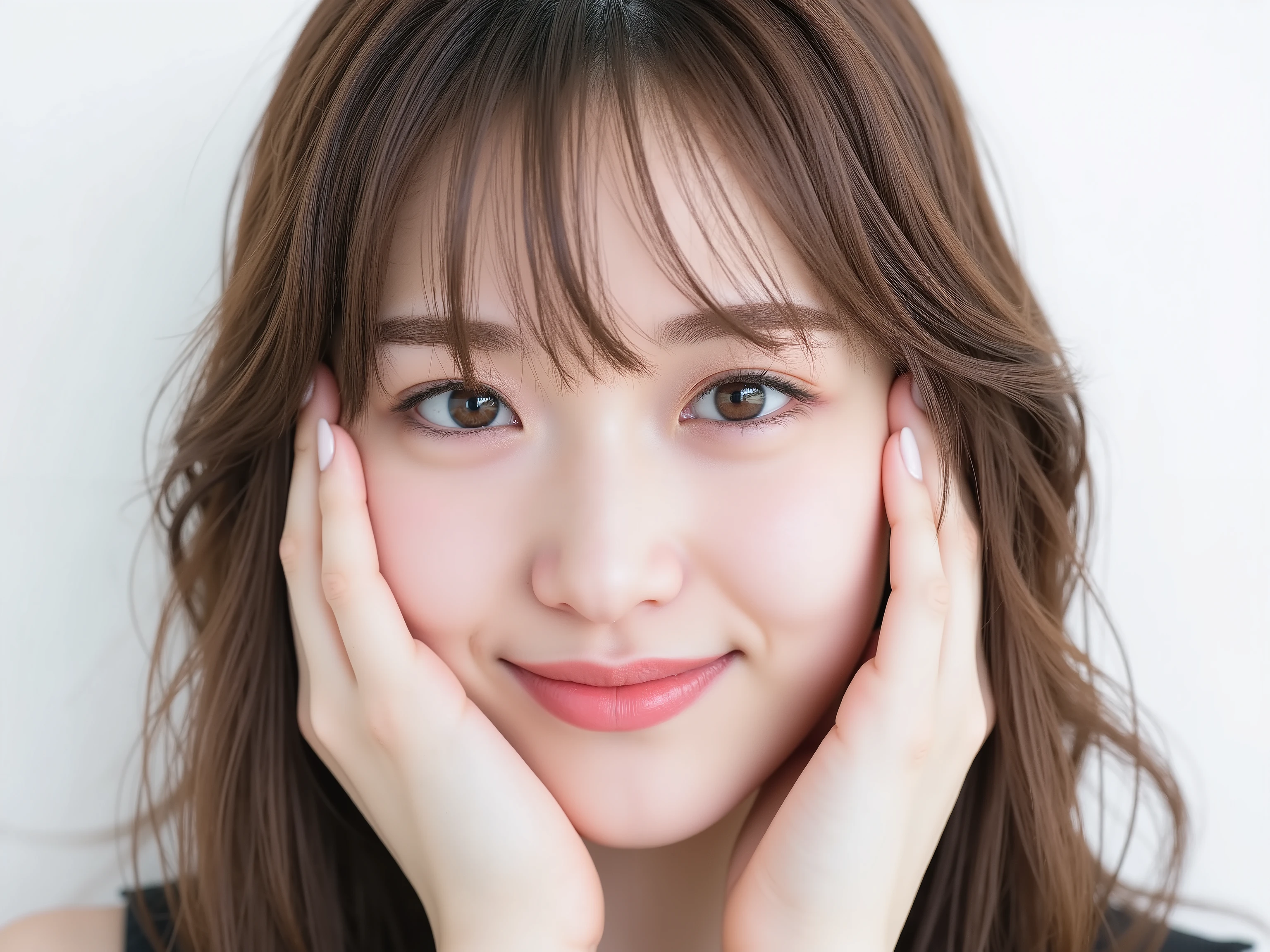 (Refined from an old photo, recreated in a modern, ultra high-quality photorealistic style, with a trendy Reiwa-era hairstyle: soft semi-long hair with natural waves and airy see-through bangs), 
Ultra photorealistic close-up portrait of a beautiful Japanese woman, 
upper-body shot, wearing a black outfit (completely out of frame, not visible), 
shoulders and collarbone softly exposed, 
both hands pressing her cheeks in a shy, lovestruck pose, 
sparkling eyes gazing dreamily at the viewer with overwhelming affection, 
cheeks blushing deeply with a sweet reddish glow, 
soft glossy lips curved into a bright, full, lovestruck smile, 
expression melting with love, playful, dreamy, adorably bashful, 
purely cute and lovestruck, overflowing with affection and warmth, 
smooth glowing skin texture with delicate details, 
hair softly framing her blushing face, slightly tousled, 
background pure white with gentle blur, 
(masterpiece, best quality, high resolution, intimate romantic close-up, cinematic magazine cover style)
