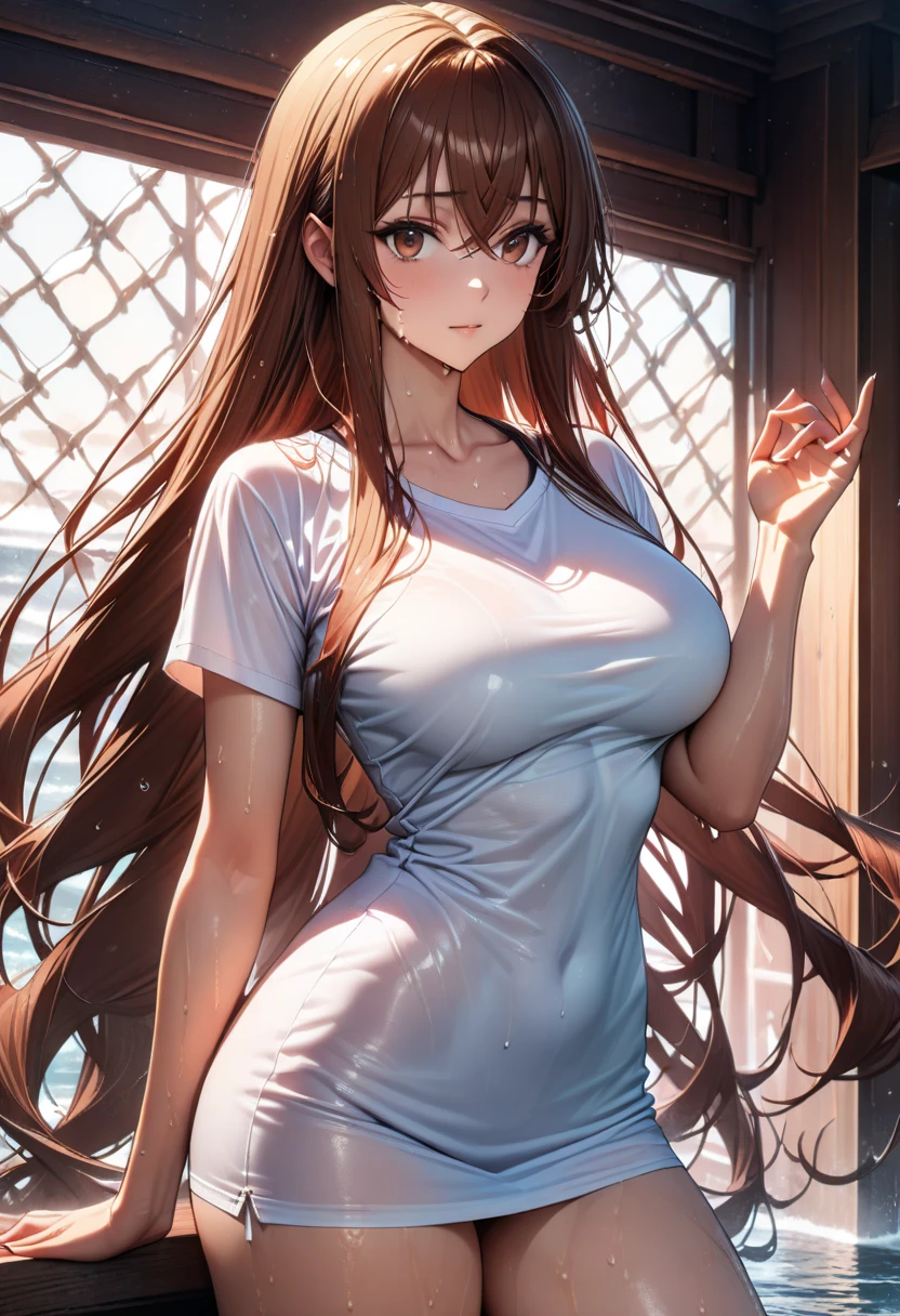 girl with brown long stright hair, fringe, blue eyes, tired expression, small shoulders, medium rounded soft , high slim waist, very big full bloated belly, well build thigs, soft skin, relaxed pose, wearing white semi transparent shirt with unbuttoned top, no bra, tight black mini skirt, belt with golden pin