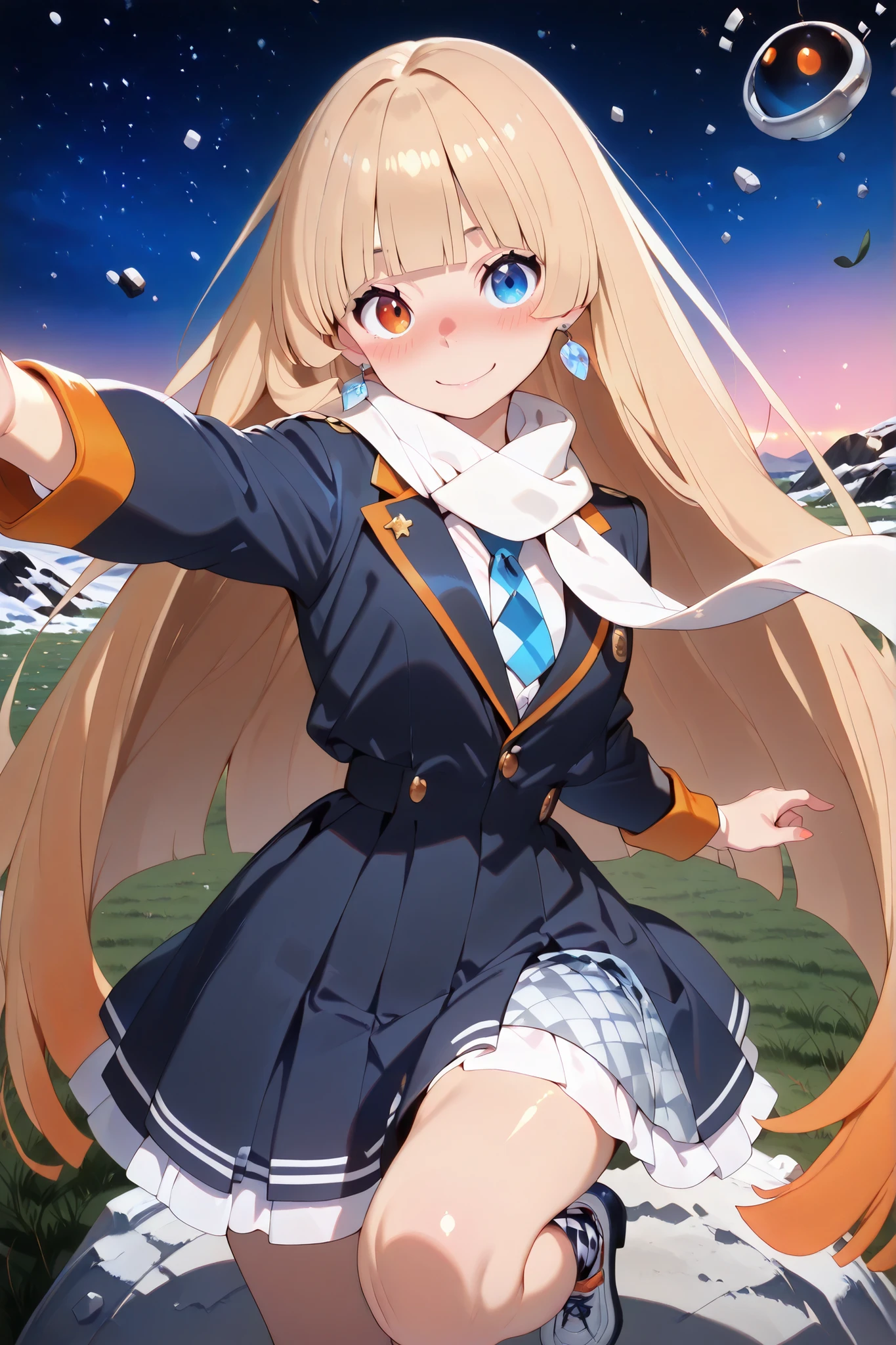 impish smile,nose blush,looking at viewer,shiny skin, glistening skin, , oiledILL, oiled, oily, (soft lighting, soft color tones, low saturation, pastel colors:1.1), illustration, (anime coloring:1.1),
BREAK 1 girl, (heterochromia, orange eyes, blue eyes:1.2), (absurdly polished long hair, hime_cut, straight-across sideburns, blunt bangs:1.25), (beige hair:1.1), hairs between eyes, (smile:0.7), (expression of relief:0.9),
BREAK (idol costume, navy blazer, necktie:1.2), (navy skirt:1.1), white scarf, white shirt, drop earrings, (thigh high argyle sox:1.1),
BREAK (a futuristic sphere floating in the air:1.2), night, Chinese bellflower field, cosmos field, snow field, white rock field, grey wasteland, meadow, cosmic, sharp focus, looking at viewer, (cowboy shot:1.1), (head tilt side to side:1.0), (dynamic pose, standing on one leg, Reaching out to the photographer:1.15),
BREAK (masterpiece:1.2), (best quality:1.2), newest, (intricate details:1.2), ai-generated,