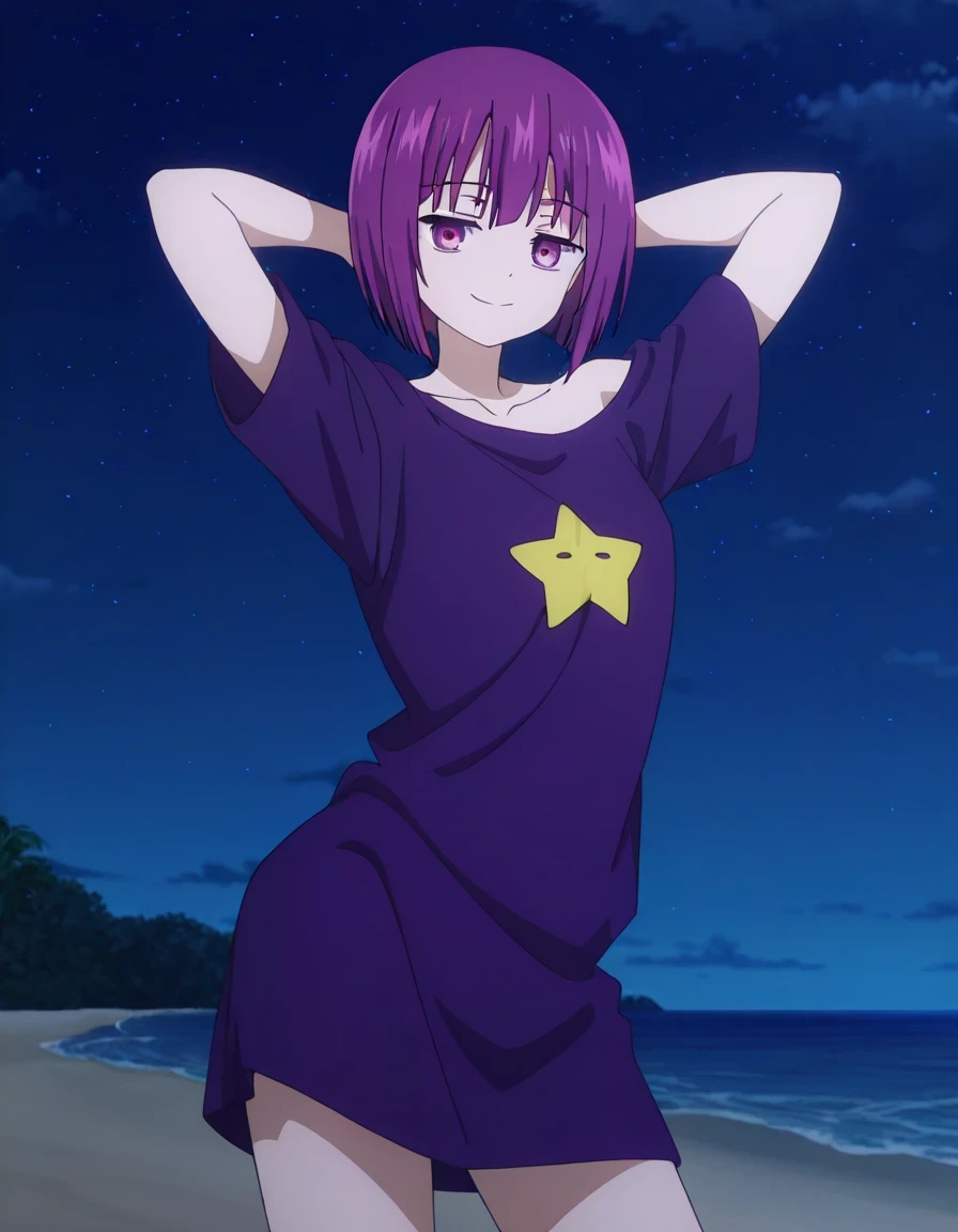 Shion, 1girl, short hair, t-shirt, purple hair, off shoulder, star (symbol), collarbone, short sleeves, purple eyes, bangs, purple shirt, anime screencap, high quality, solo, cowboy shot, (contrapposto), hands behind head, closed mouth, night sky, beach, looking at viewer, smile, best quality