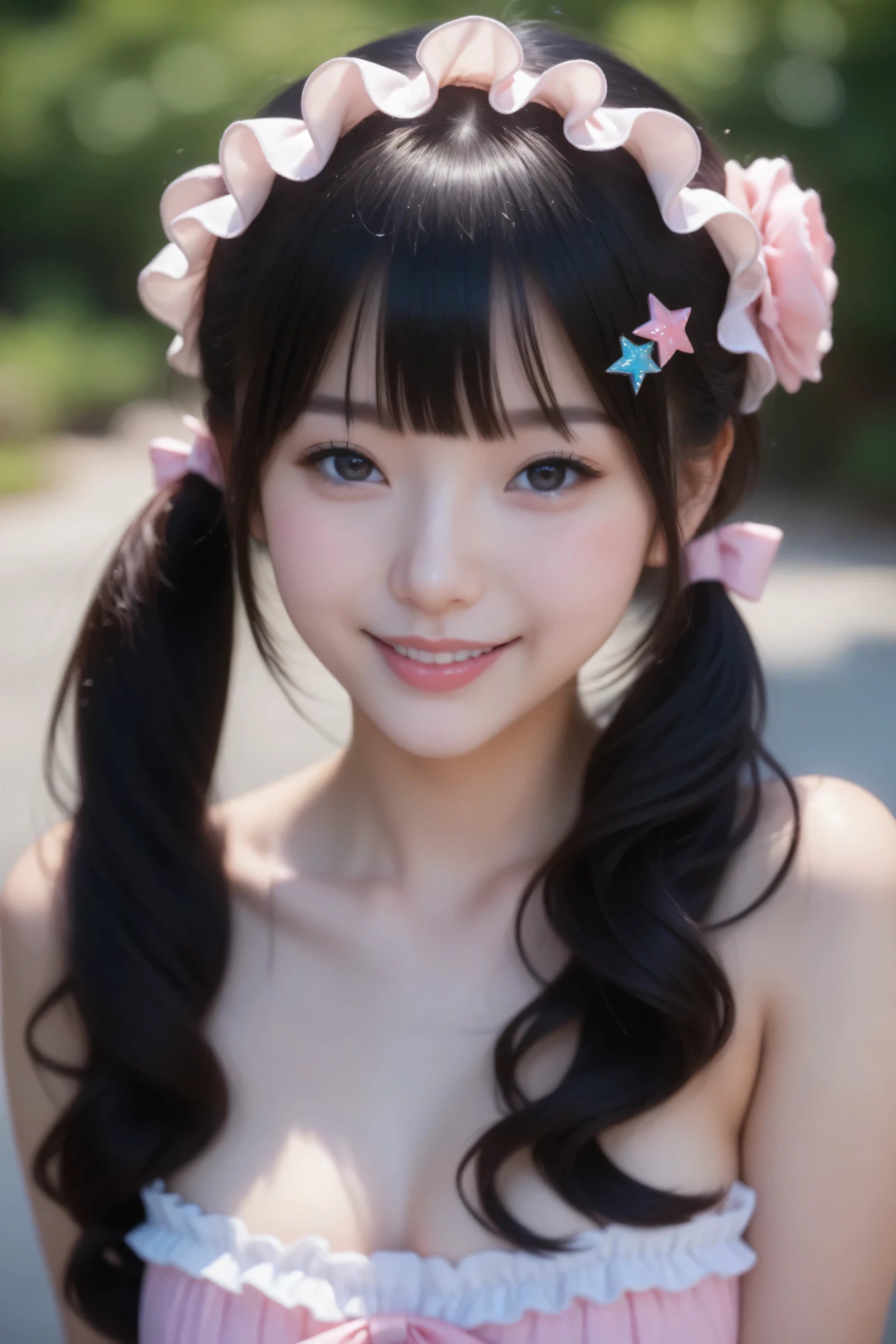 Wear mostly cute pink Lolita-style clothes、long black hair tied into a ponytail、have flowing bangs on their foreheads、There are 2 hollow, star-shaped hairpins on the right side of the hair、 1 is blue 、the other is pink and、is charming。The composition is cluttered and、The overall vibe feels everyday and plain。Picture