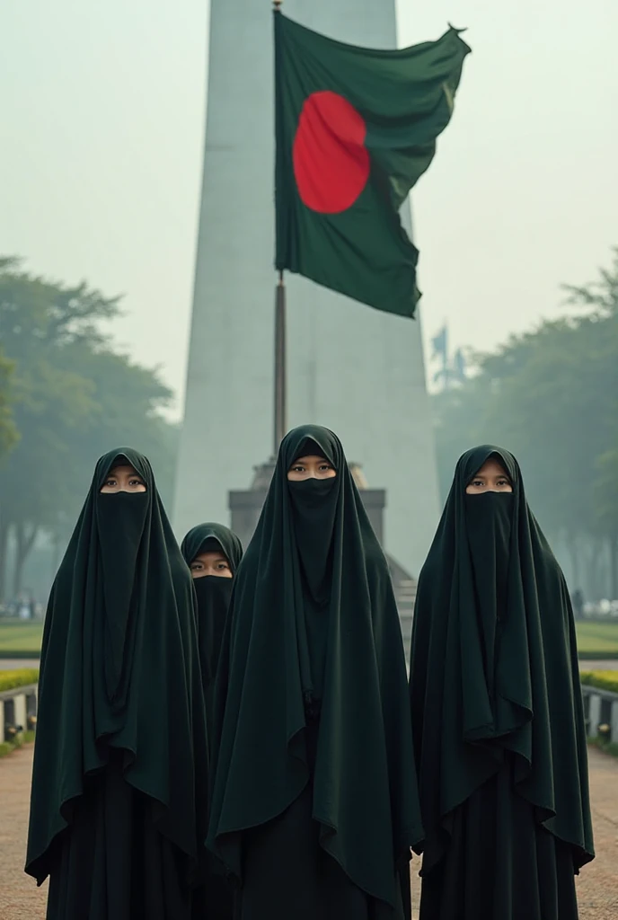 The Fatayat of the Indonesian Nahdlatul Ulama, green veil,  carry red and white, the atmosphere of seizing independence