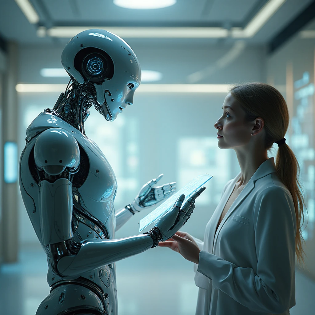 Artificial intelligence and robots: Futuristic images of a robot that works, writes or talks to a human being