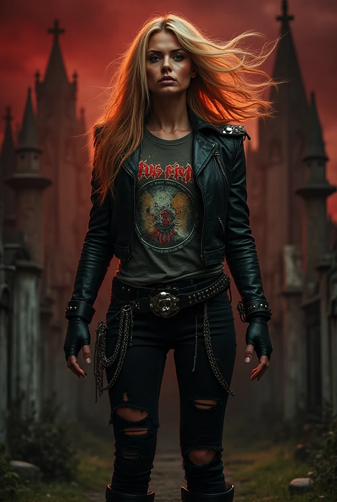 ((Highly detailed 1.3) A wicked woman, malignant, with flaming red hair, Scorpion, Agape Mouth, Fierce desire for blood. A young woman with fierce eyes, sign of Scorpio, T-shirt and .