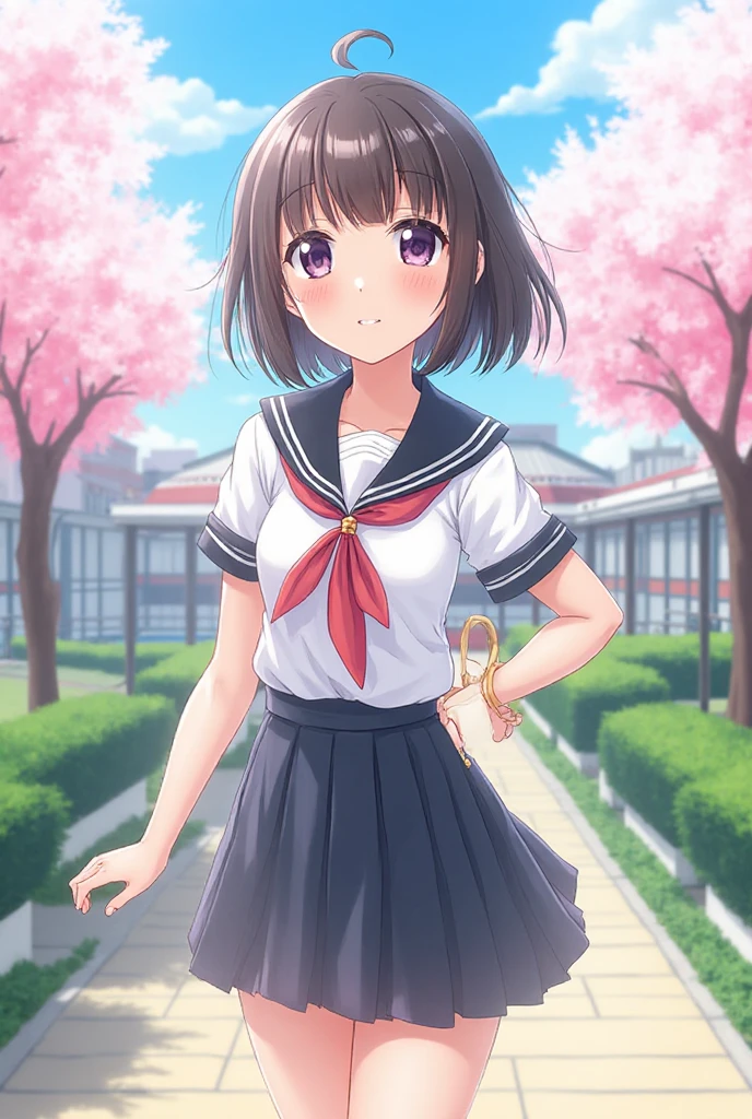 <lora:Hoshizaki_Ao_Blue_Reflection_Illus:1>1girl, solo, looking at viewer, short hair, skirt, japanese temple, sakura petal, sakura tree, center of attention, brown hair, brown eyes, school uniform, standing, cowboy shot, pleated skirt, hairband, purple tartan necktie, plaid, plaid skirt, bob cut, Hoshizaki Ao, white shirt, short sleeves, school uniform outfit,  pose,  smile, hairband, headband, kishida mel,