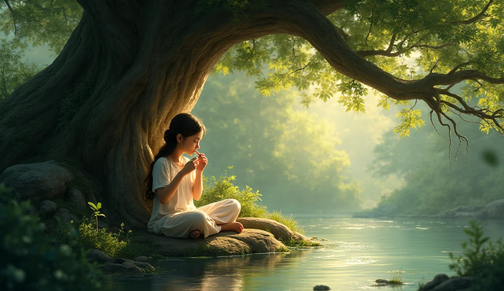 Anime girl sitting in the grass in front of a tree - SeaArt AI