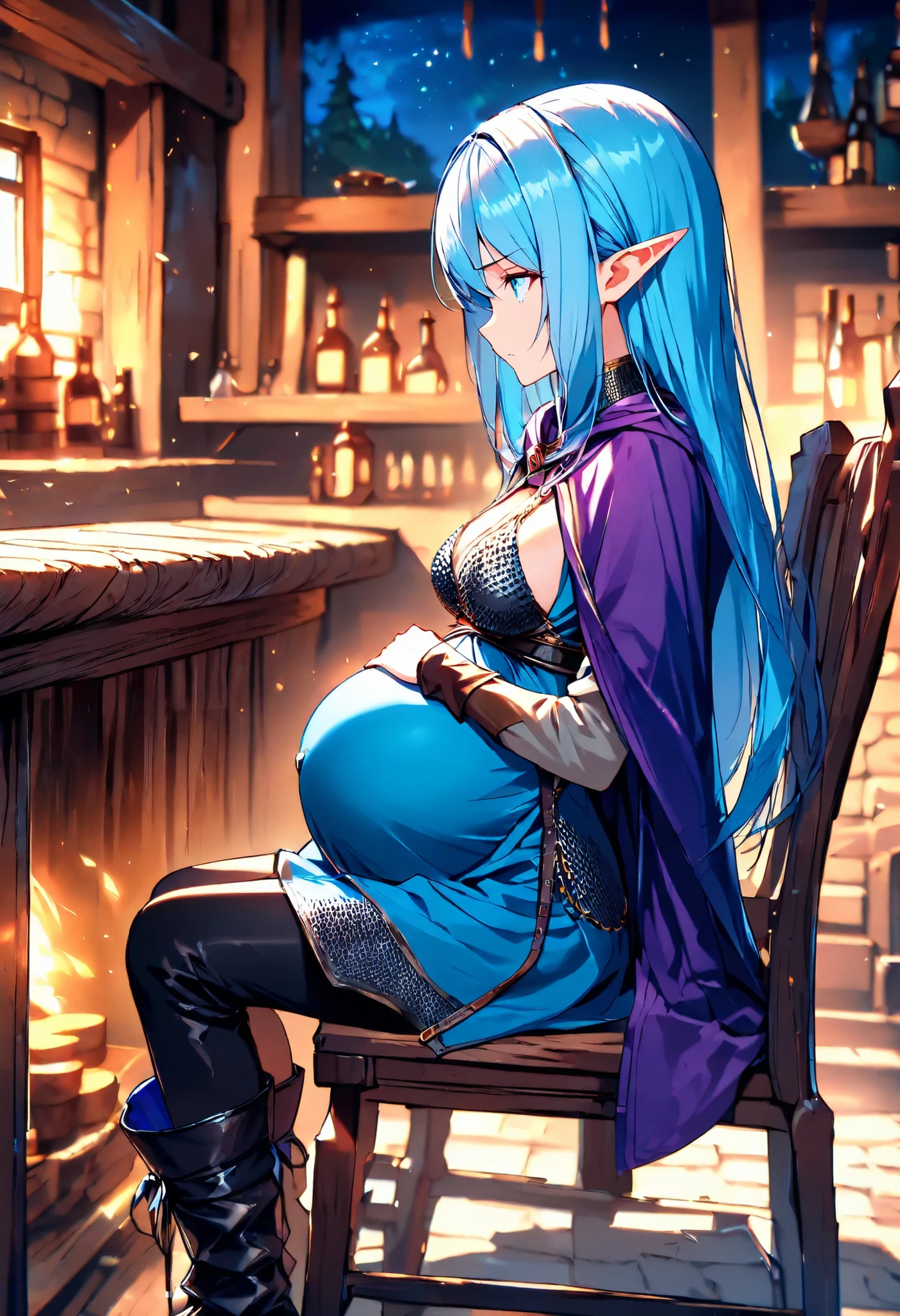 High Resolution, Masterpiece, 4K, tavern interior, night, 1girl, blue hair, long straight hair, blue eyes, medium breasts, pregnant, elf, adult body, chainmail bikini, cyan tunic, purple cloak, black pants, wrapped boots, sitting in chair, stoic expression, side profile