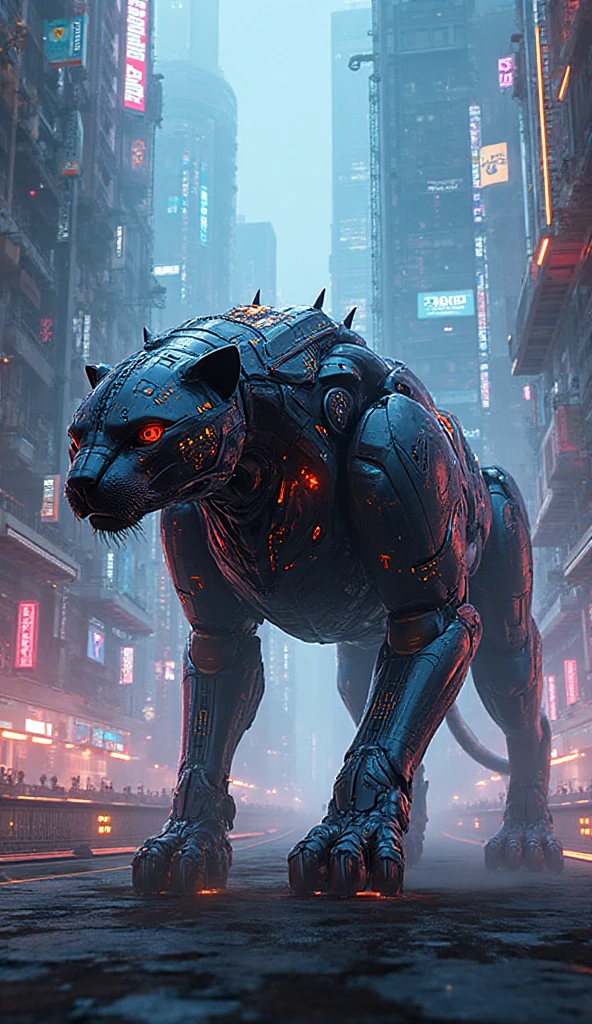 "(((Cybernetic Panther))) adorned with steampunk elements, blending seamlessly into a cyberpunk environment, (mysterious) and (dystopian) ambiance, (masterpiece) of digital art