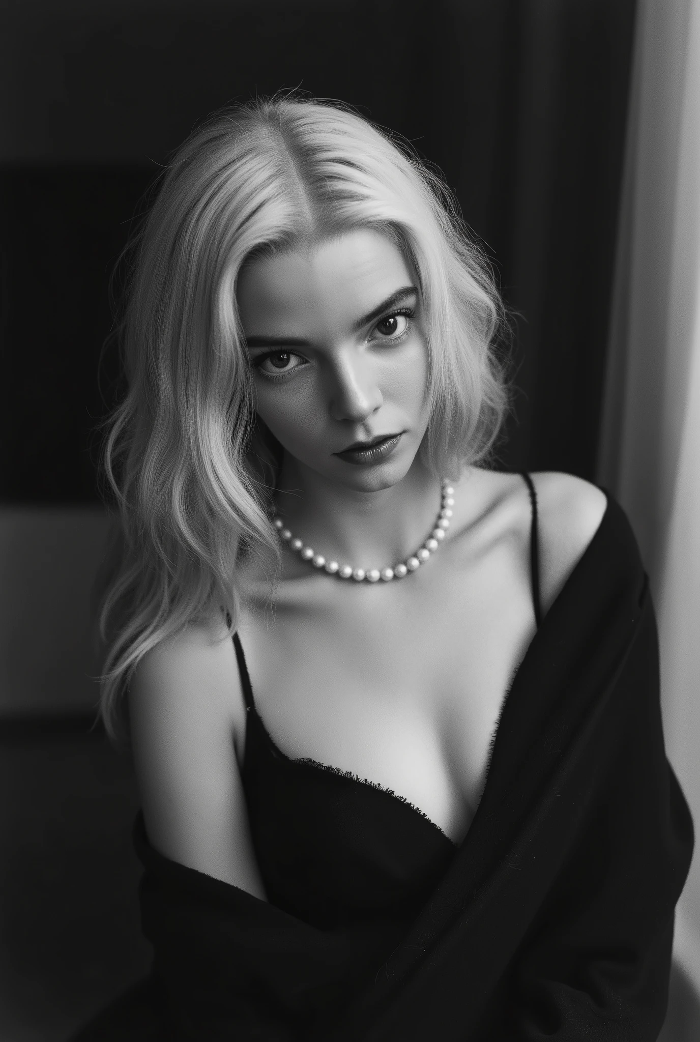 The photograph is in black and white, consistent with classic Hollywood glamour photography of the 1930s. The black and white photograph shows a glamorous girl with a stylish, wavy blonde long hairstyle. She is wearing a black, open dress with a deep neckline that reaches down to her visible navel, revealing most of her upper chest and hardly covering her nipples. The lighting is soft and flattering, emphasizing the woman's features and the texture of her clothing. The fabric seems to be loosely draped, giving it a somewhat casual or relaxed yet elegant appearance. A pearl necklace rests against her décolletage. Her pose is relaxed yet elegant. She looks at the viewer with a piercing, dreamy gaze. Her expression is soft and somewhat dreamy, giving her an air of confidence and allure. It has a timeless quality, suggestive of elegance and sophistication. The slightly out-of-focus background enhances the focus on the girl  and a sensual expression on her face. detailed face. small breasts. natural light skin tone. detailed skin texture. realistic skin with vellus hair. the light shines on her naked body. dramatic lighting. masterpiece. ultra-detailed. high quality. hyperrealism. intricate details. 