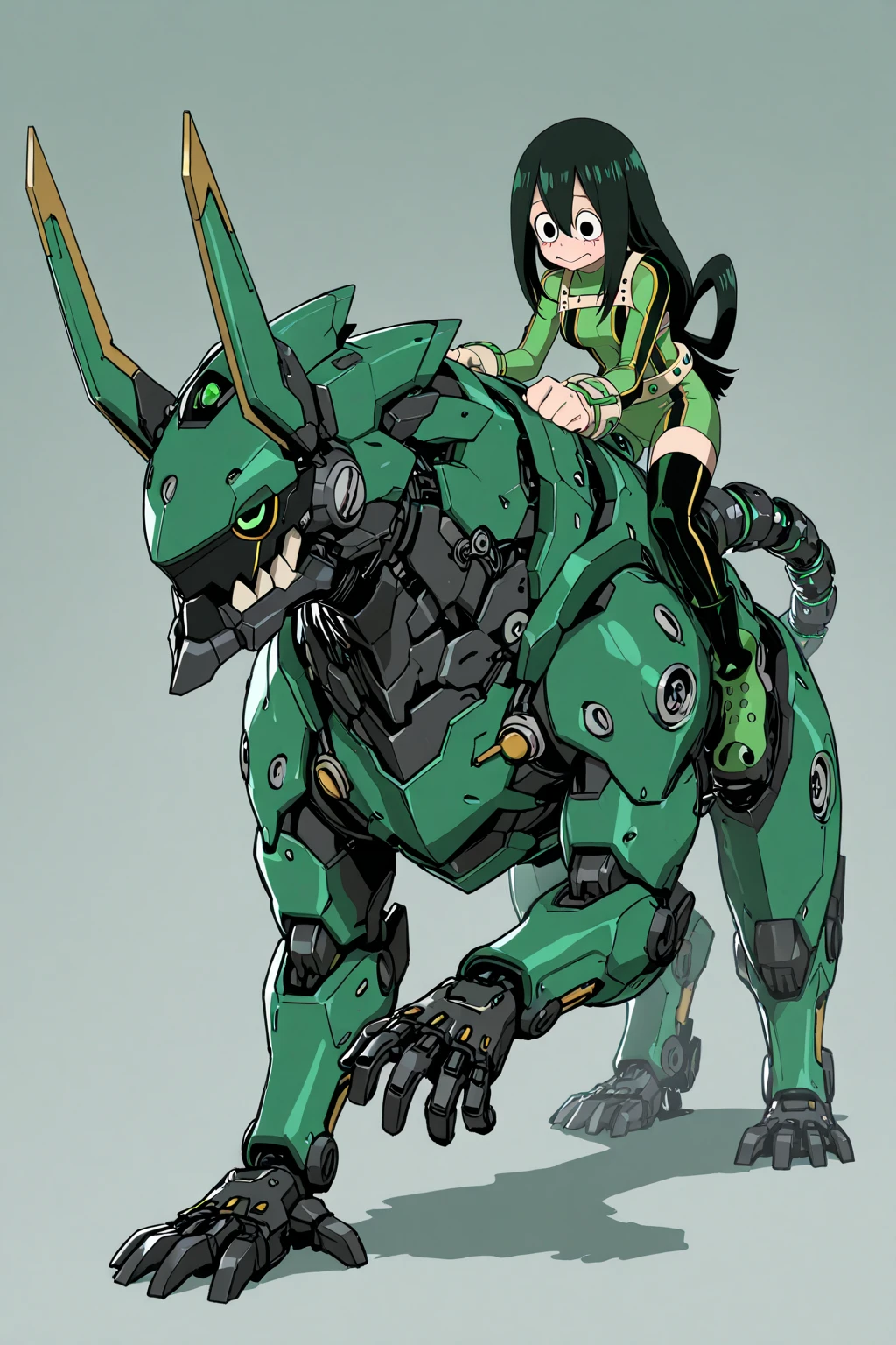 (finely best quality illustration:1.1), (1girl, solo:1.1), (black short hair:1.1), (masterpiece, ultra high quality), (standing), (full body), (1girl), (solo), (female focus), (Singular, large horn), (half human/half snake hybrid human), furry, (Messy bob-cut with sharp bangs), (bangs covering eyes), (big eyebrows), (angry eyes), (long tailbone at rear) (Cute anime snake eyes), (limbless female body with mechanical limbs attached)