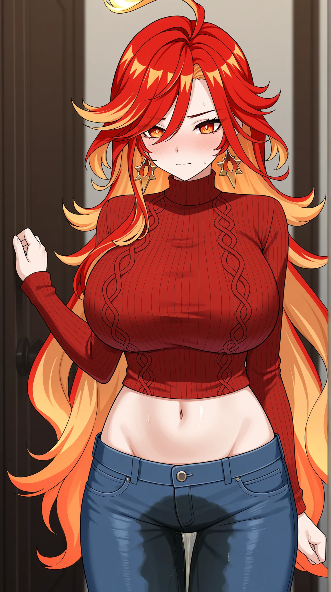 score_9, score_8_up, masterpiece, best quality, anime screencap, 1girl, huge breasts, mavuika \(genshin impact\), long hair, red hair, yellow hair, multicolored hair, fiery hair, orange eyes, yellow eyes, colored inner hair, ahoge, turtleneck sweater, jeans, (denim:1.25), midriff, navel, groin, wetting self, blush