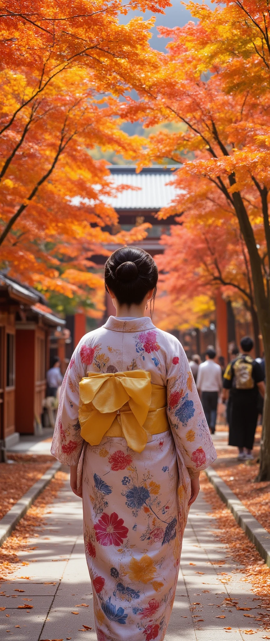 high-definition images、Picture of a beautiful woman wearing a kimono walking through a shrine full of fall foliage、全身high-definition images