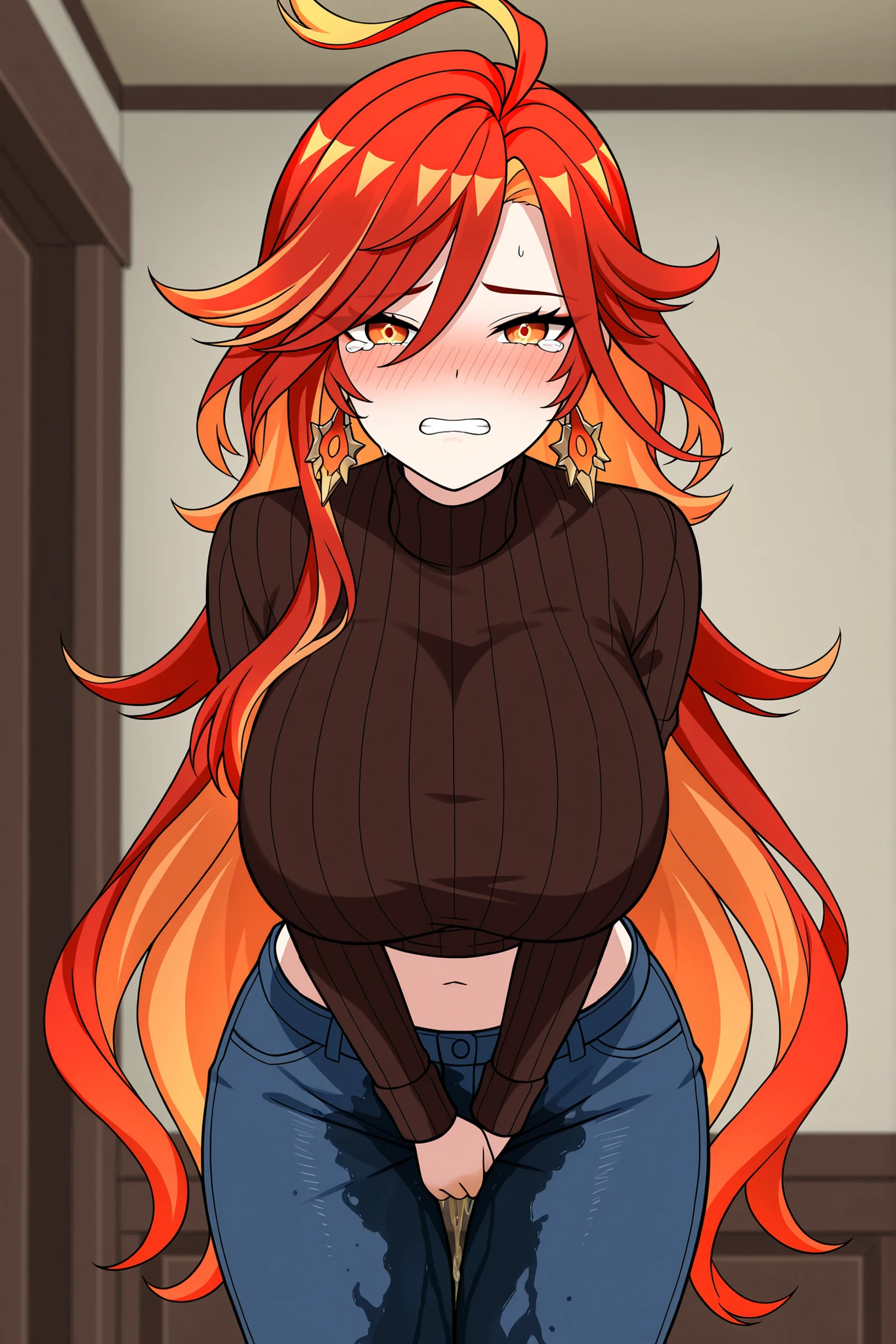 score_9, score_8_up, masterpiece, best quality, anime screencap, 1girl, huge breasts, mavuika \(genshin impact\), long hair, red hair, orange hair, multicolored hair, orange eyes, yellow eyes, colored inner hair, ahoge, turtleneck sweater, jeans, (denim:1.25), midriff, navel, groin, (wetting self:1.5), blush, leaning forward, grabbing crotch, facing viewer, straight-on, desperation, desperate expression, tears, teeth clenched