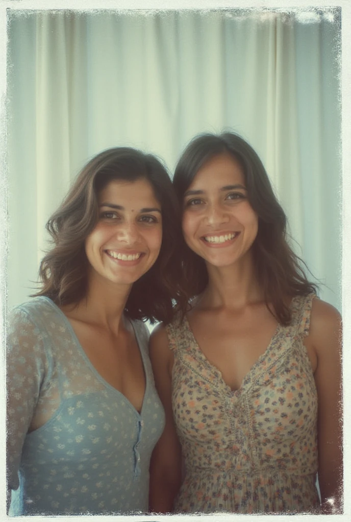 @ Rebeca 🌸:Create an image taken with a camera 
Polaroid. 
the photo should look like a normal photo, without a clear subject or property. The photo must have a consistent light source, like a flash from a dark room, scattered all over the photo. Don't change faces or smiles and let them come out softening. Change the background behind the two people to a white curtain.