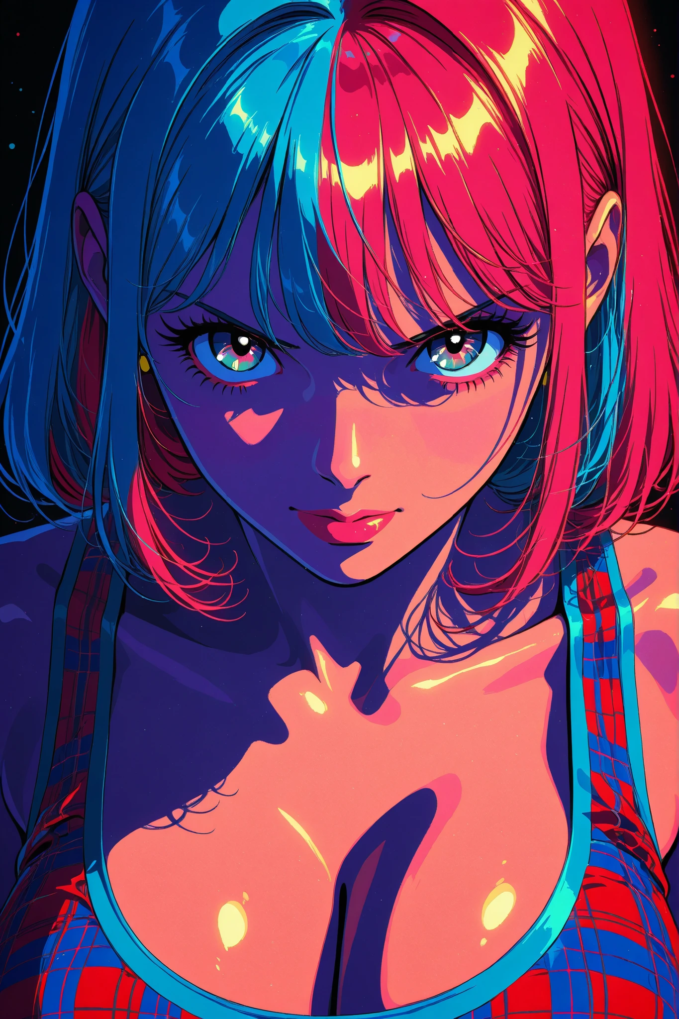 style retro classic, master piece:1.5、(minimal art), woman、colored hair, silence、An ennui look、Densely drawn, plaid tank top, huge breasts, portrait, neon color palette,