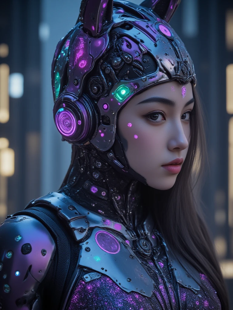 xxmixgirl. Highly detailed professional 35mm film, bokeh, face in sharp focus. A robotic female, Miku, with ((metal skin)), ((perfect Asian eyes)) with magenta irises and ((black pupils)), beautiful serious (detailed face), 18 year old ((photorealistic face)), very long magenta twin tails of magenta hair, twin black hair ties with a single red stripe. She may have a black audio headpiece. We can see her ((full body)) down to her boot soles. Her outfit is a sleeveless collared light grey shirt, outlined in red around the frilled collar and hems. Shiny reflective ((metallic  cups, dimpleless)), invisible . She wears black sleeves with red hems that start around her upper arm and bellow out as the sleeves open and extend to her wrists, with wide trumpet red rimmed cuffs. She has perfect robotic (detailed hands). She wears a red colored tie with two horizontal solid parallel black lines halfway across. She wears a fabric black skirt with a horizontal red hem at the bottom all the way around; her (((black skirt wraps around her))) and ((her skirt completely covers)) her robotic waist and thighs. Tall black boots with red bottom soles, a red rim around the top at her thighs. Her mechanical shoulder joints are visible. We can see her robotic legs and robotic neck. Half of her is covered with shiny polished machinery. The background is a distant dark neon futuristic Japanese city, gold, cyan, violet neon, near harbor or mountains.