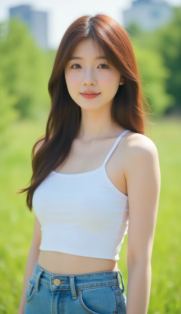 8K, Ultra-high resolution, Highest quality, masterpiece, 三分割法によるphotograph,Surreal, photograph, 1 girl, (16 years old:1.3), pretty girl, Cute face, Beautiful eyes in every detail, 細かくdetailedに,masterpiece,, One Girl:1.2, Japan Female Announcer,whole body,Young Wife,Girl with her back to the camera, Blue atmosphere dusk, Field, forest、Full of cleanliness,A carefree smile,Healing the heart,Semi-long layered hair,Looking at the audience、beauty,Long neck、Laugh a little、Please close your mouth and laugh、(((Ideal body type))),A-cup small :2,、Portraiture:2、Perfect 、鮮明なdetailed、detailed、Surreal、Light and shadow,Strong light