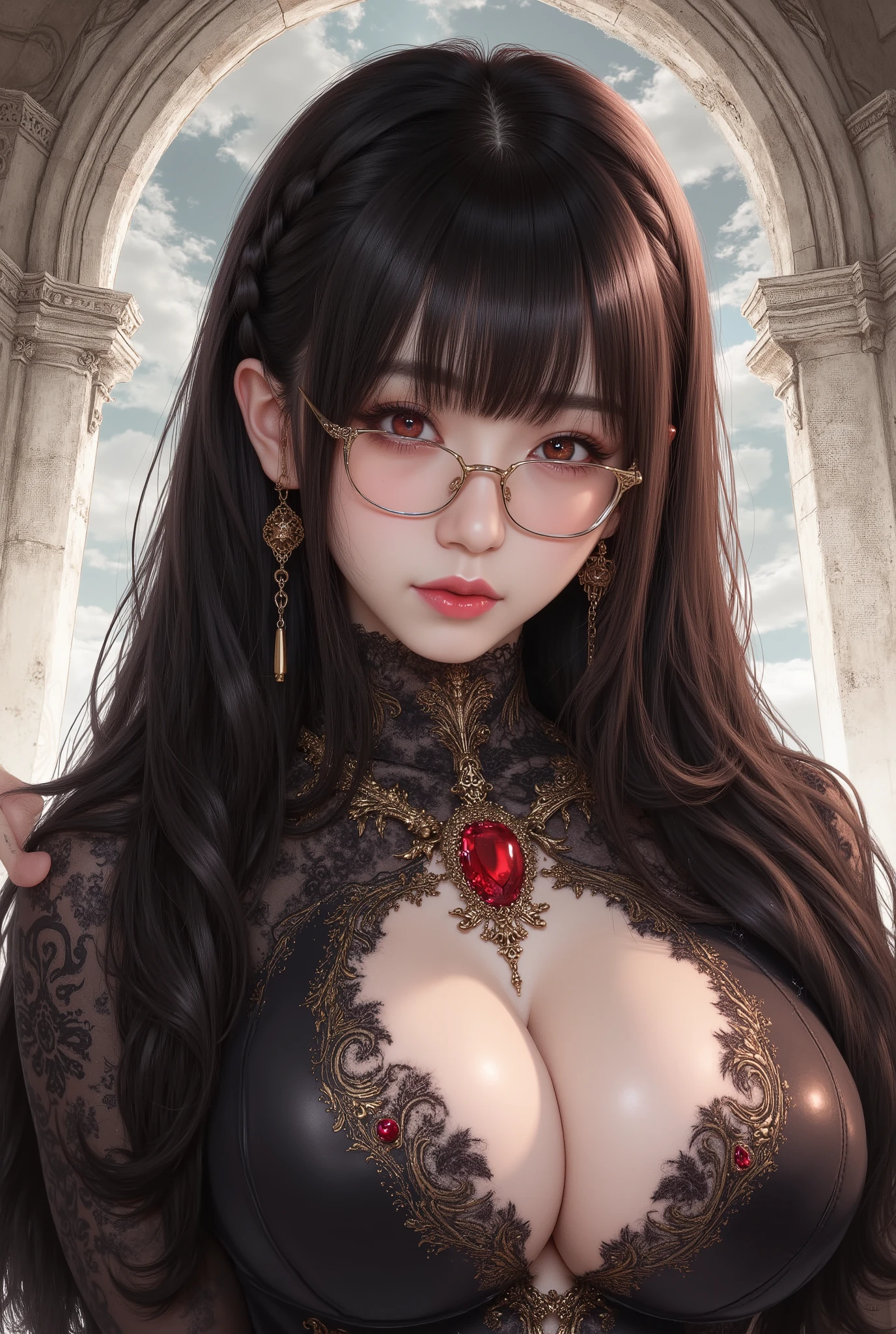 ((NSFW))、(best illustration)、8k UHD resolution、intricate details、highest quality、realistic、Super detailed、best writing、best shadow、soft lighting、ultra hd、Super realistic、Tyndall effect、Photoreal、(high detail skin:1.2)、 (intricate details, compensate, face to face with the children_V1:0.5), (Beautiful and delicate facial details, Are you okay, beautiful and delicate eyes, perfectly proportioned face, high resolution skin, fine skin, Optimal ratio of 4 fingers and 1 thumb, arm under , red tattoo on lower abdomen、amazing、amazing, wide , smooth abdomen, thin and thin skin, __fashion__, __hair__:1.25)、Digital single-lens reflex camera、 absurd、1 Beautiful woman from hell, デヴィッド・ホックニーとアルフォンス・ミュシャによる超realistic女性の肖像画, Portrait of a  woman、fantasy art, Chinese humanoid robot、chinese actress、dungeon、dragon、palace、torture chamber、night、dark style 、in the dark、(detailed spooky background:0.8), magic、 1 girl、evil nun、dark necromancer、Succubus、Erotic Girl、Umi Shinonome、bat wings, ((((giant glasses, otaku glasses, thick glasses, round glasses)))),(((big breasts)))、(devil'tail of)、(red eyes shine:1.6)、red eyesには、Very clear and detailed makeup applied, The eyes are made up very beautifully, ((red eyes:1.0)),intricate tattoo, demonic intricate tattoo, thigh tattoo, body tattoo, masterpiece、the most beautiful face、baby face、cute smile、seductive bodyとふっくらとした美しい赤い唇、 body、enchanting black magic costume、(((A shiny red snake coils around her body)))、The long-haired、Braid、Black hair、Ponytail distortion、, Ponytail with a bow tied at the back of the hair, beautiful expression、body up、big  emphasis、bust,  super tight ,  augmentation surgery,  are very big and round,tight waist、wide 、 discreet key, cowboy lens, (red phoenix dress: 1.0),  devil'Crown of,  red gemstone necklace、Jewelry Gwidz,  wearing black mesh socks,wearing a thin red and black robe, Pull the strap with your hand to expose your  , Close-up of the main character, nffsw, nffsw, Meeting beautiful girls, look at the girl,  body