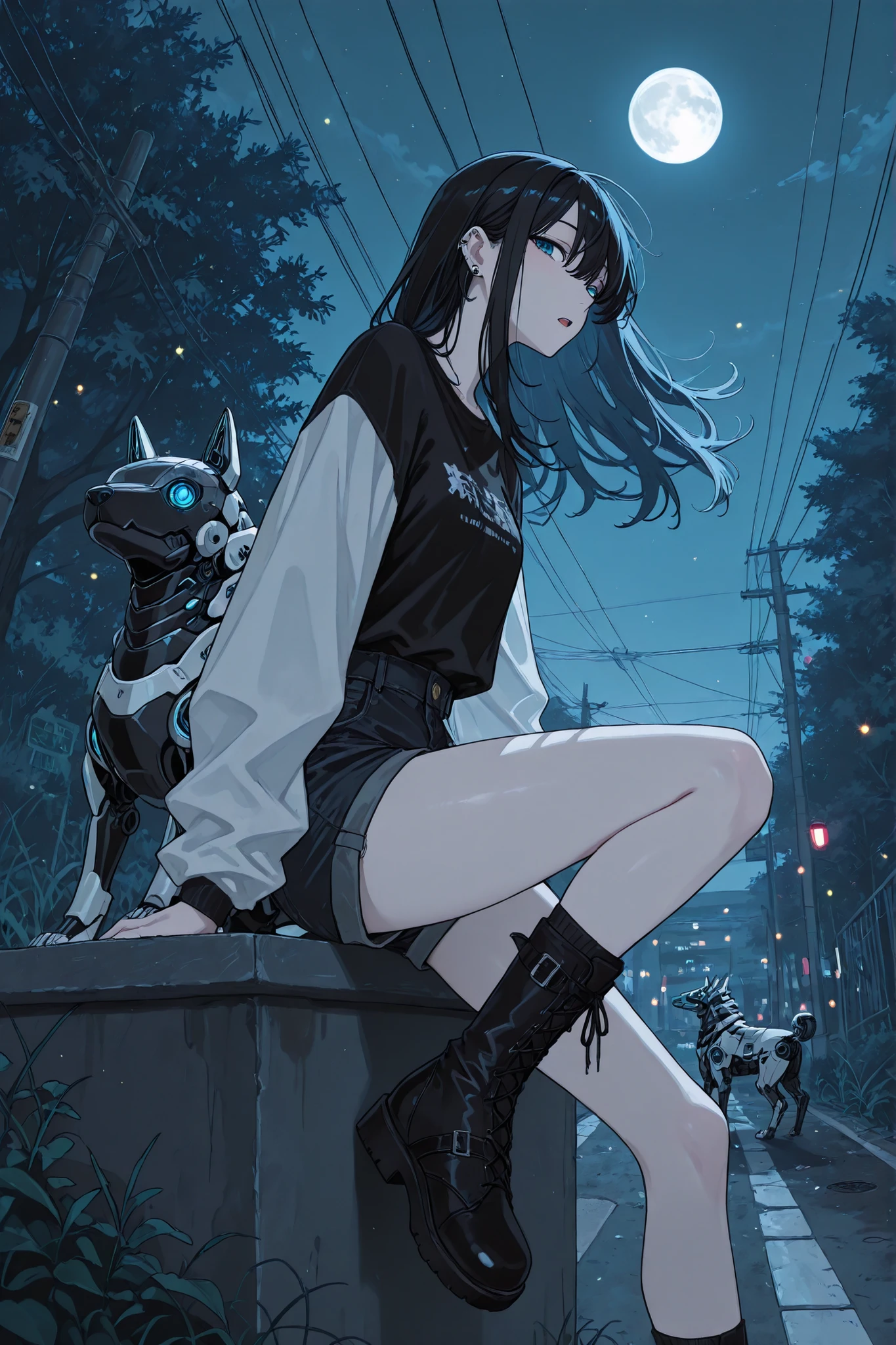 (masterpiece, best quality, ultra-detailed, Anime style, illustration, fantasy art) Outside: half-sideways, head turned towards viewer, smokes, one leg put forward, Sits on a curb(Knee-bent), dark-haired girl, hair develops in the wind, Piercing blue eyes, long lashes, watch the viewer , Glass retina, Hair black as pitch, hair develops in the wind , pale skin, Glass retina, slim body, white leather, Сидит на бардюре в Parkе, next to her sits an ultra-detailed robotic dog with open gears (Robot Dog), Outside night, Park, full moon, heavy boots with spikes, fragile figure, eyes open lips, exhales smoke cigarettes, shine, best quality, she is wearing black short shorts with a side chain and a black top ( black denim shorts and a black top), Glass retina, fireflies and magic lights, sight below, sight below, is shy, profile, focus on the eyes, Retinal details, darkness reigns around, rays shine from above, Outside