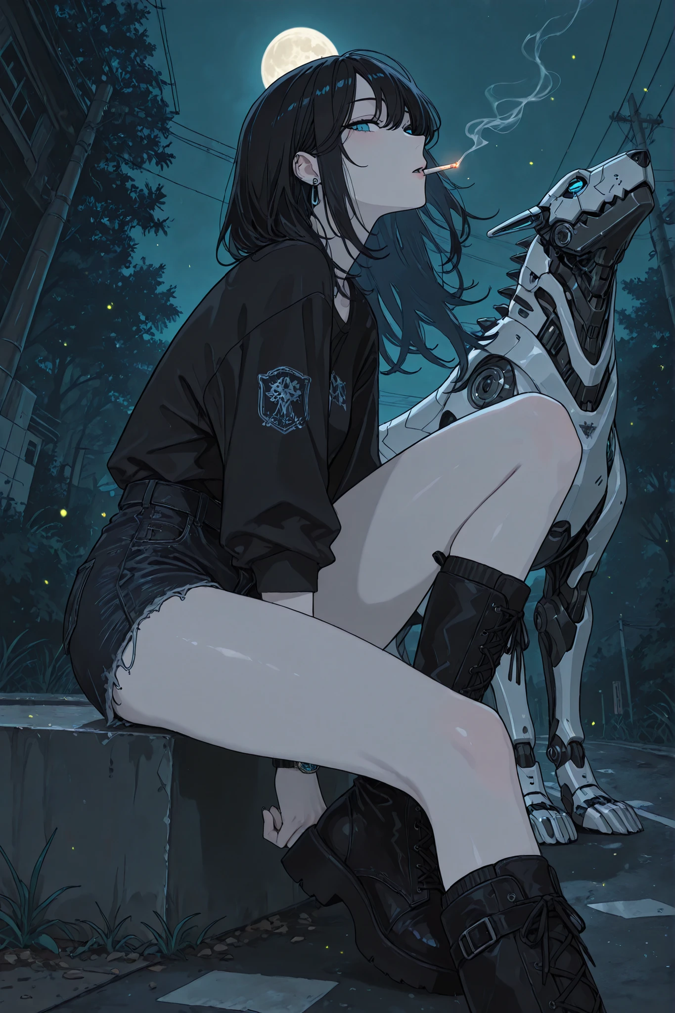 (masterpiece, best quality, ultra-detailed, Anime style, illustration, fantasy art) Outside: half-sideways, head turned towards viewer, smokes, one leg put forward, Sits on a curb(Knee-bent), dark-haired girl, hair develops in the wind, Piercing blue eyes, long lashes, watch the viewer , Glass retina, Hair black as pitch, hair develops in the wind , pale skin, Glass retina, slim body, white leather, Сидит на бардюре в Parkе, next to her is an ultra-detailed robotic dog with open gears (dog robot), Outside night, Park, full moon, heavy boots with spikes, fragile figure, eyes open lips, exhales smoke cigarettes, shine, best quality, she is wearing black short shorts with a side chain and a black top ( black denim shorts and a black top), Glass retina, fireflies and magic lights, sight below, sight below, is shy, profile, focus on the eyes, Retinal details, darkness reigns around, rays shine from above, Outside