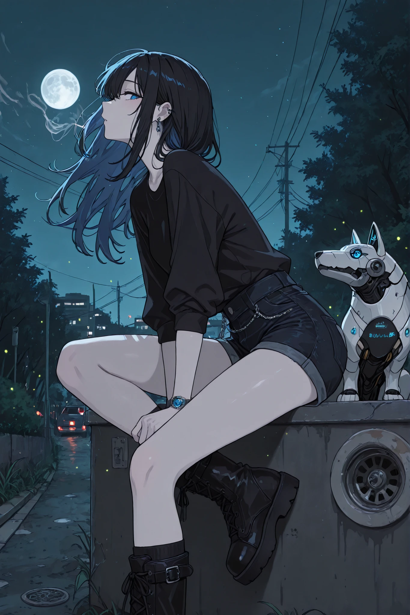 (masterpiece, best quality, ultra-detailed, Anime style, illustration, fantasy art) Outside: half-sideways, head turned towards viewer, smokes, one leg put forward, Sits on a curb(Knee-bent), dark-haired girl, hair develops in the wind, Piercing blue eyes, long lashes, watch the viewer , Glass retina, Hair black as pitch, hair develops in the wind , pale skin, Glass retina, slim body, white leather, Сидит на бардюре в Parkе, next to her is an ultra-detailed robotic dog with open gears (dog robot), Outside night, Park, full moon, heavy boots with spikes, fragile figure, exhales smoke cigarettes, shine, best quality, she is wearing black short shorts with a side chain and a black top ( black denim shorts and a black top), Glass retina, fireflies and magic lights, sight below, sight below, is shy, profile, focus on the eyes, Retinal details, darkness reigns around, rays shine from above, Outside