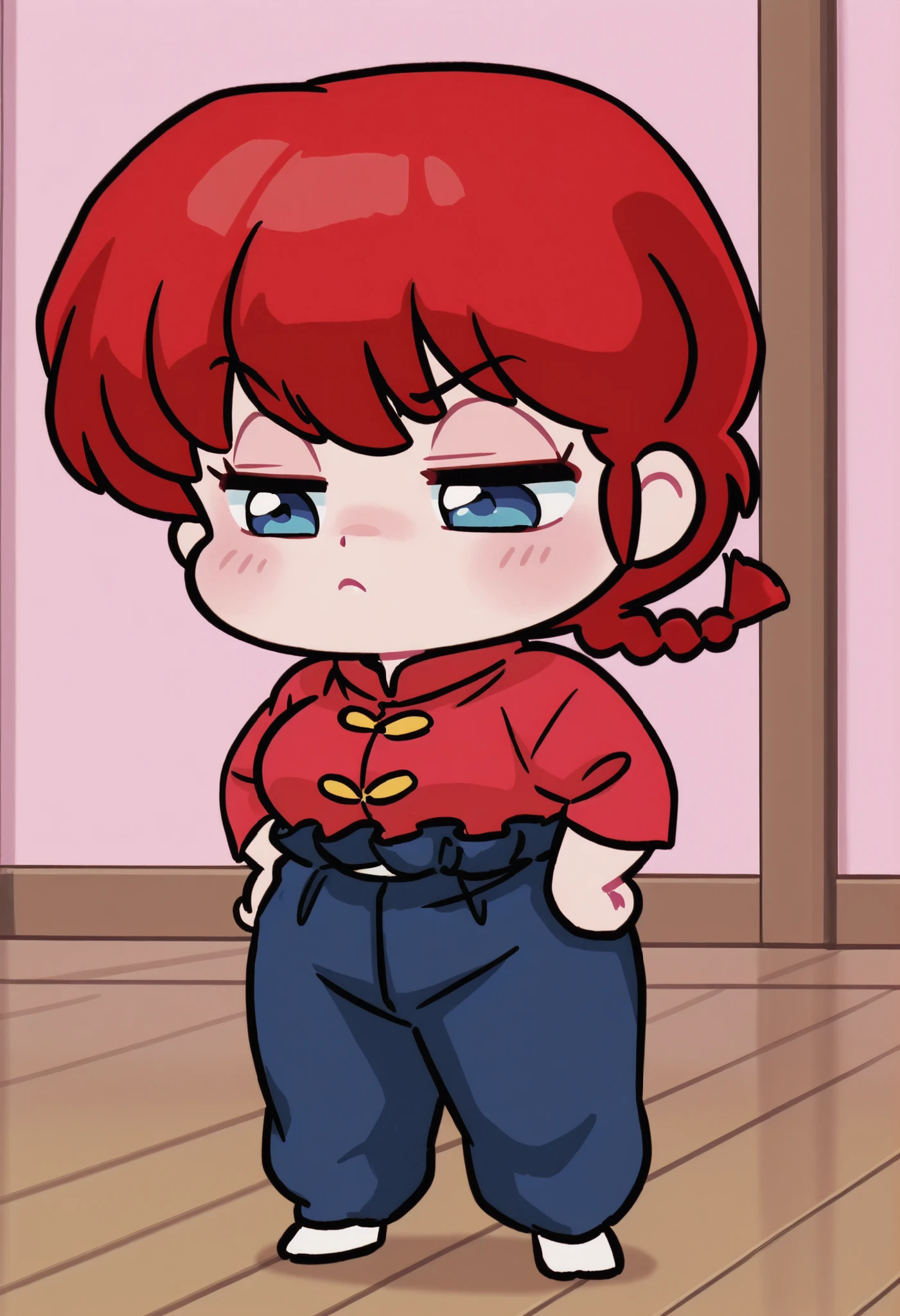 Ranma Saotome, red hair, Hair with a braid, blue eyes, Big breasts, NSFW,  sexy hips, sexy waist, red shirt with yellow buttons, blue pants, Japanese Dojo , by day, alone, without people in the background, pretty woman, Cute anime girl, blushed, standing, pose linda, imagen linda wallpaper, full body, Chibi, arms on the hips, looking down at the floor , thoughtful, concentrated, squinting eyes 